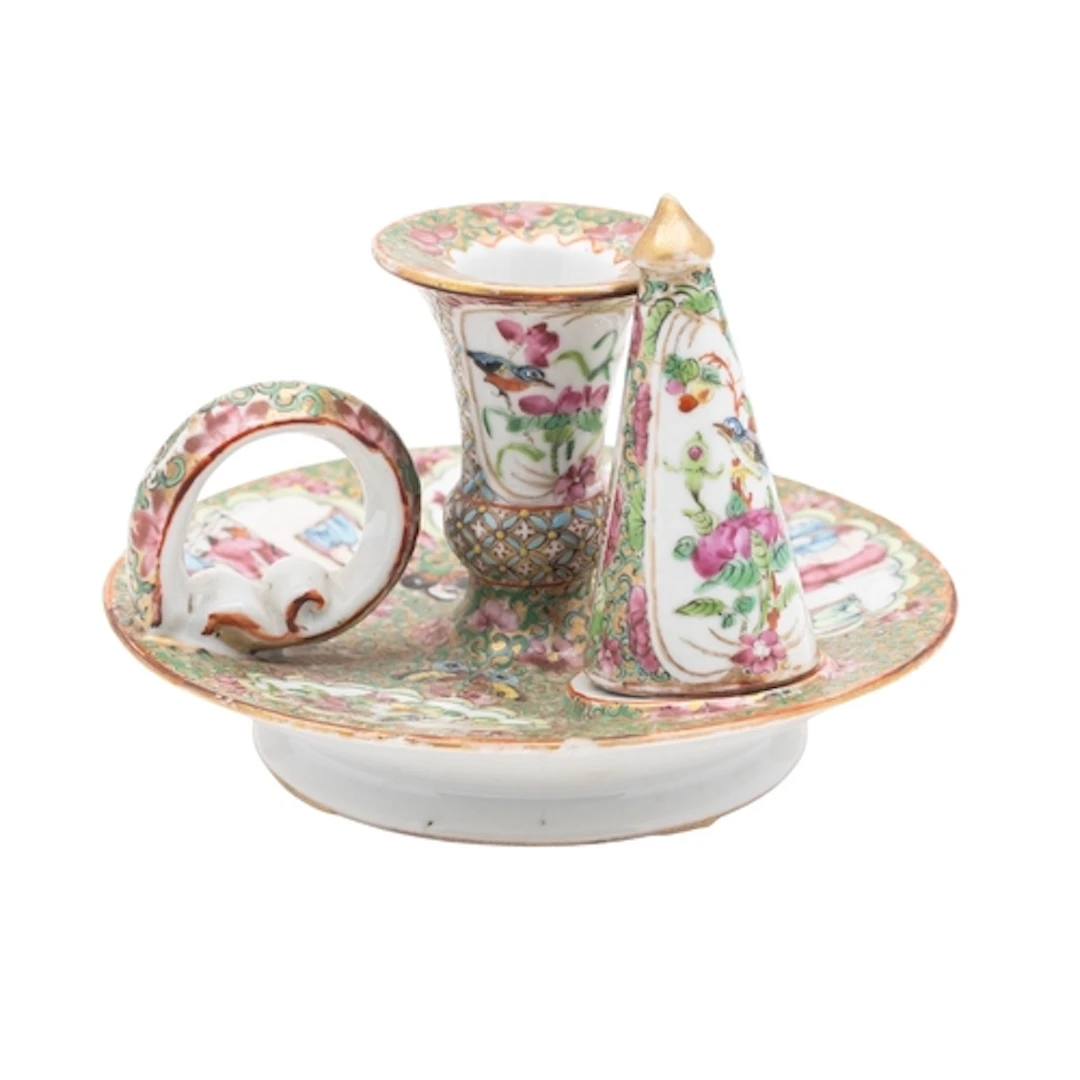 An unusual Chinese Canton famille rose chamber candlestick a...