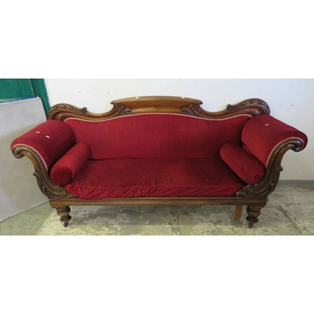 Antique Dark Wooden Double Ended Chaise Longue, red upholste...
