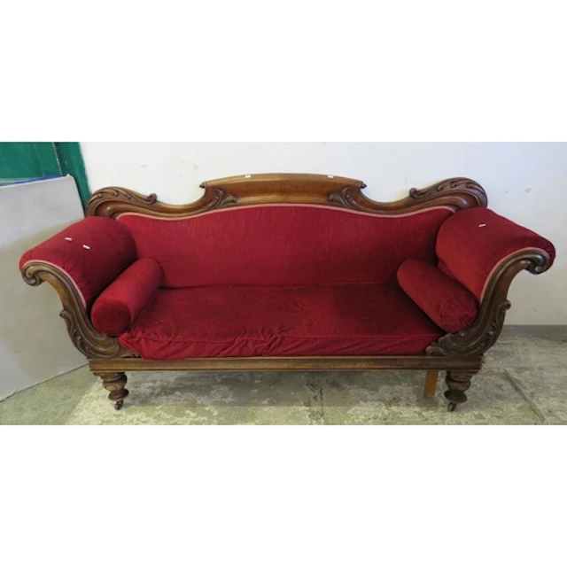 Antique Dark Wooden Double Ended Chaise Longue, red upholste...