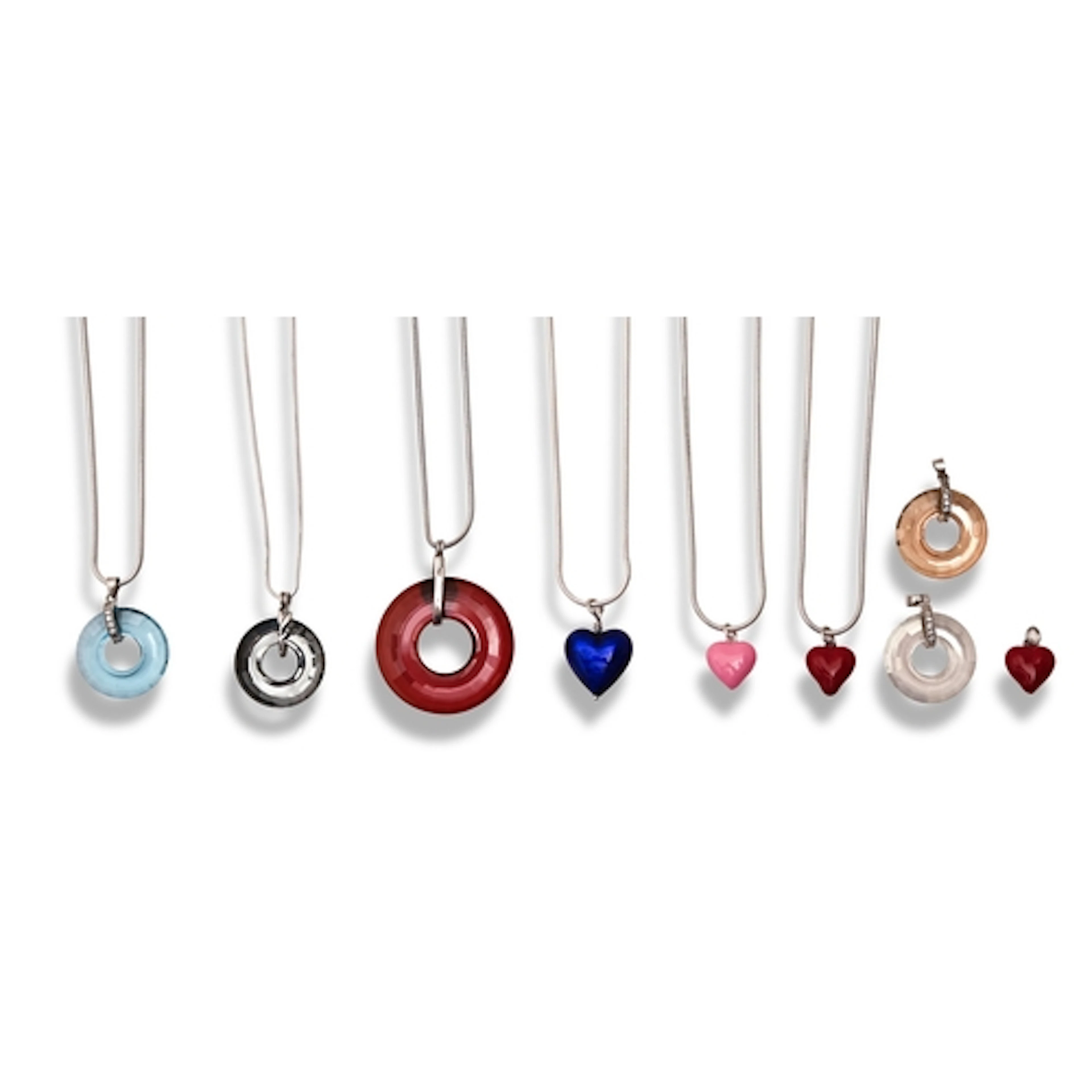 Modern jewellery. A group of silver and translucent enamel h...