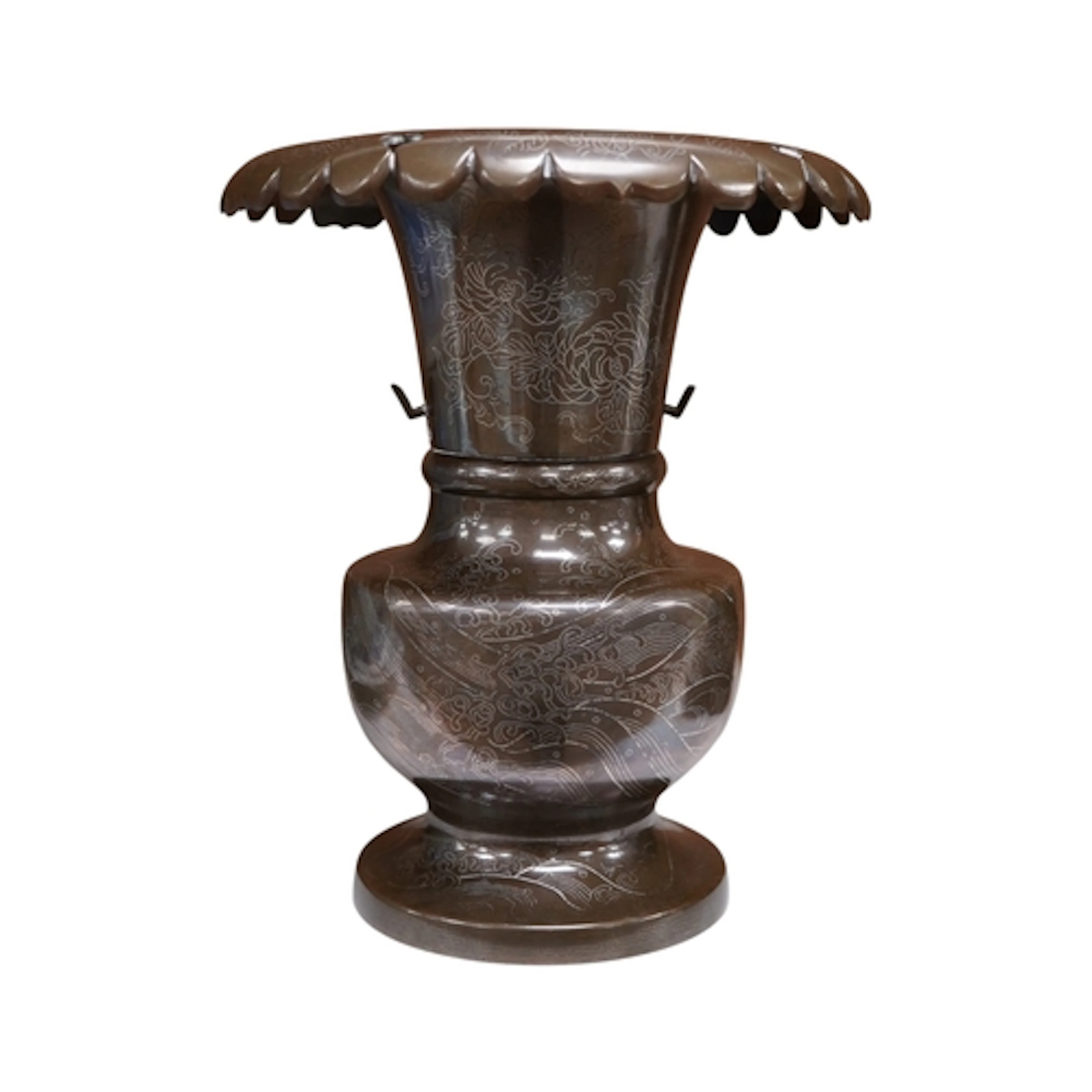 A Japanese silver inlaid bronze ikebana vase, early 20th cen...