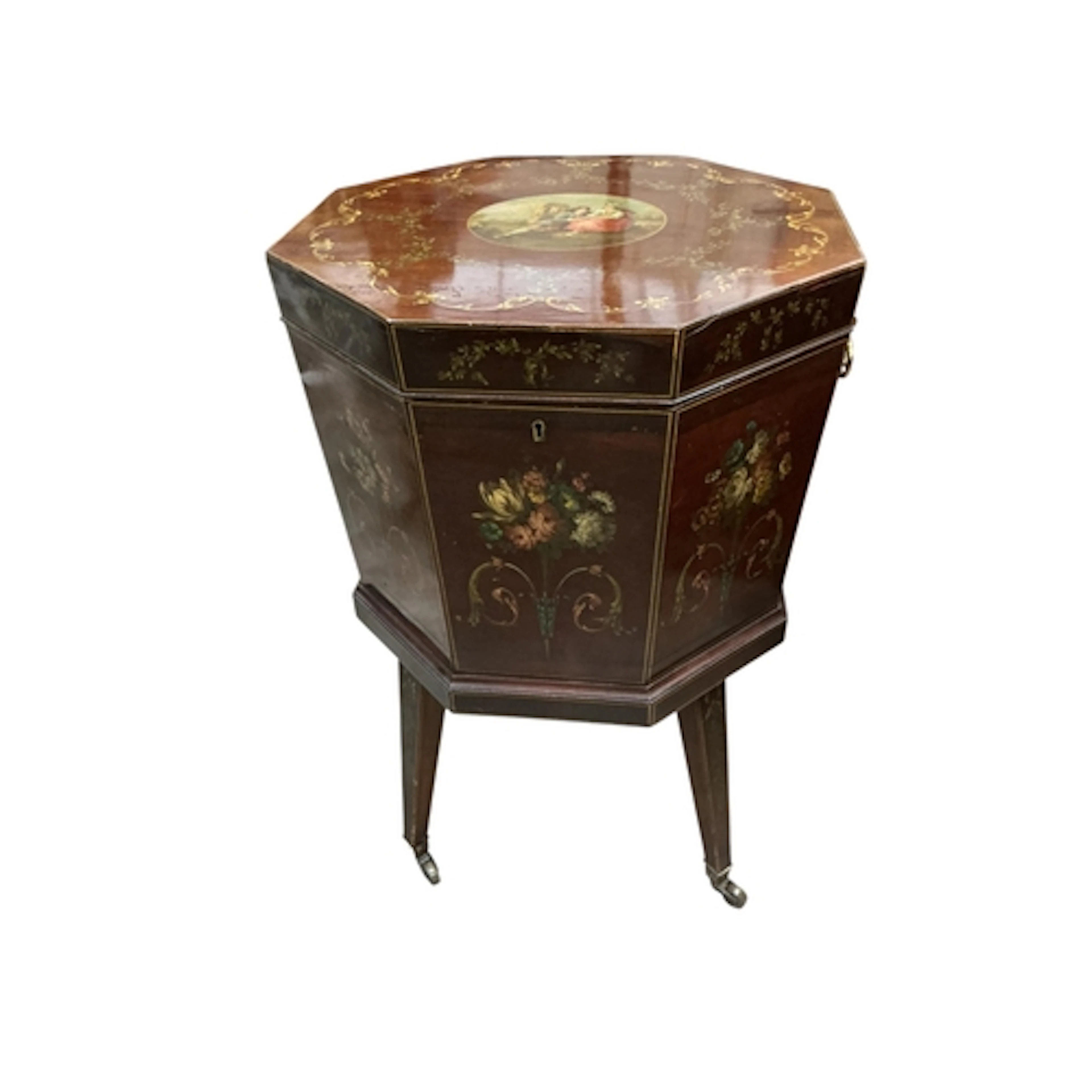 A George III octagonal mahogany cellarette, with later paint...
