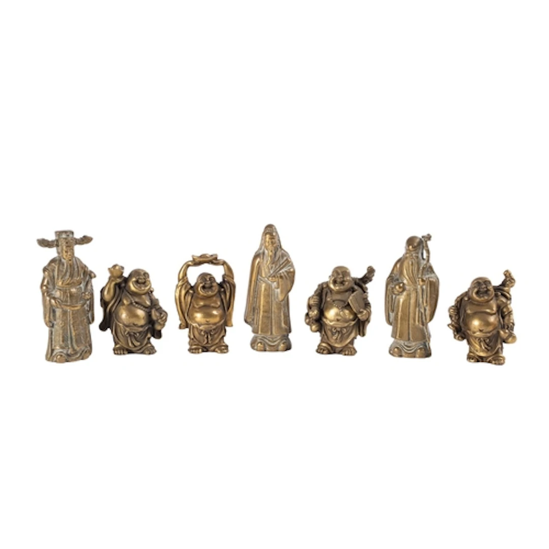 A set of four small bronze figures of Budai and three simila...