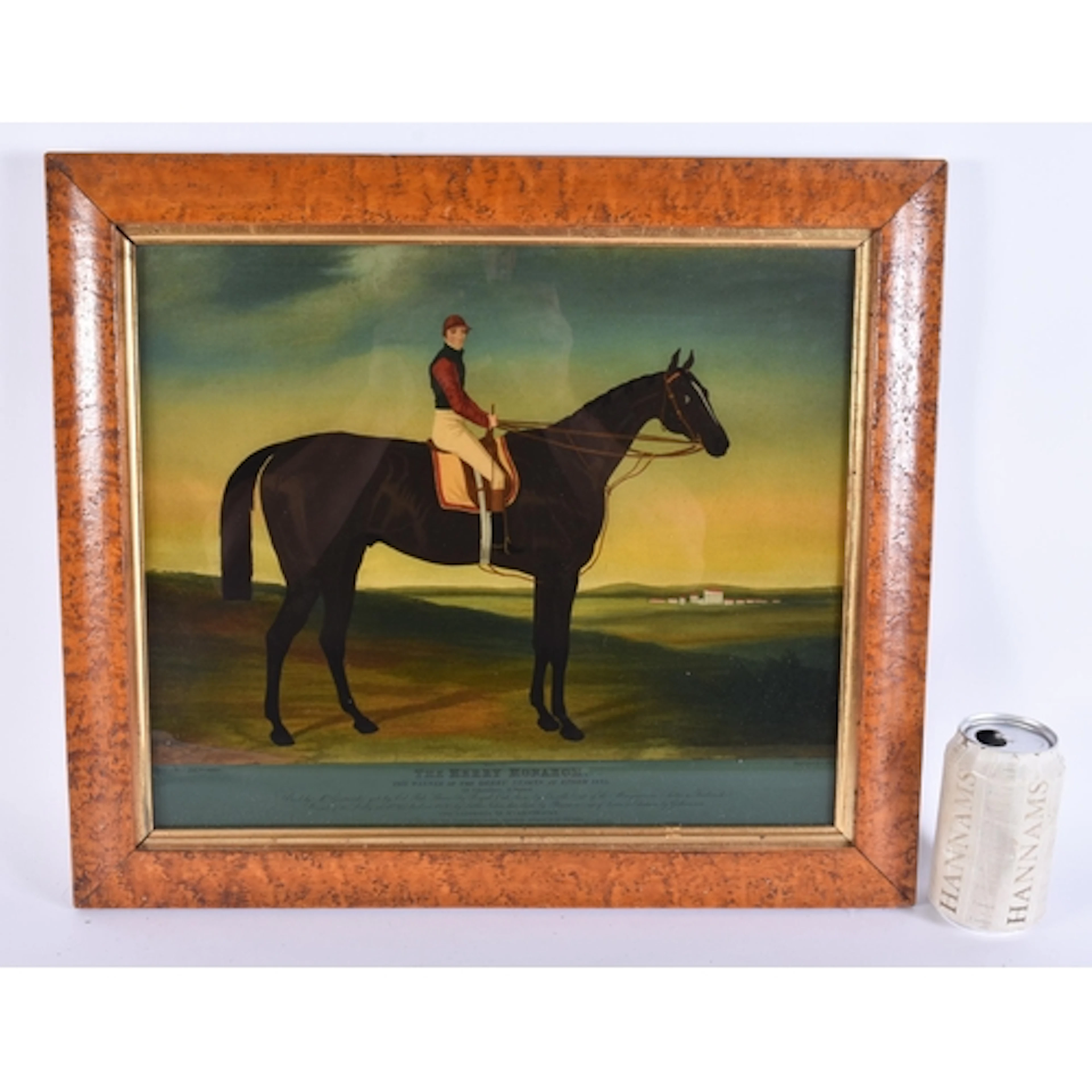 AN ANTIQUE REVERSE PRINTED EQUESTRIAN GLASS JOCKEY MIRROR. 4...
