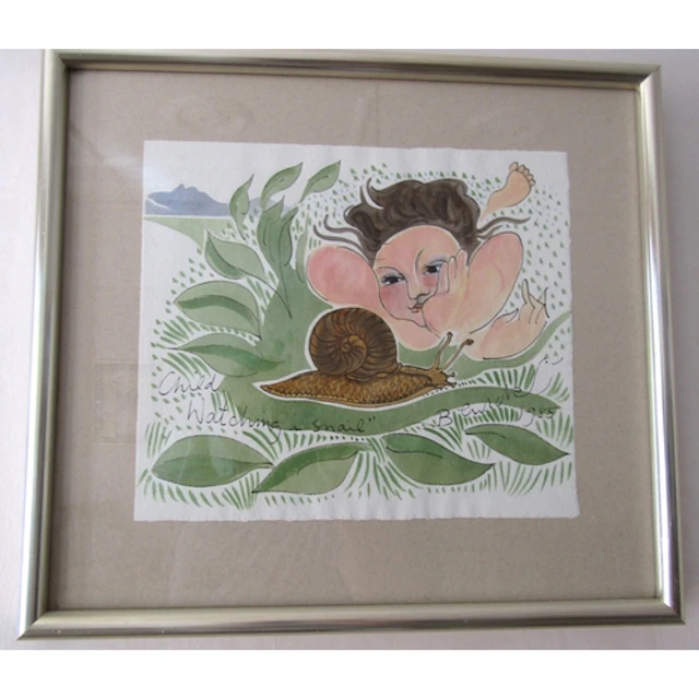 Pauline Bewick Original Watercolour Child Watching a Snail S...