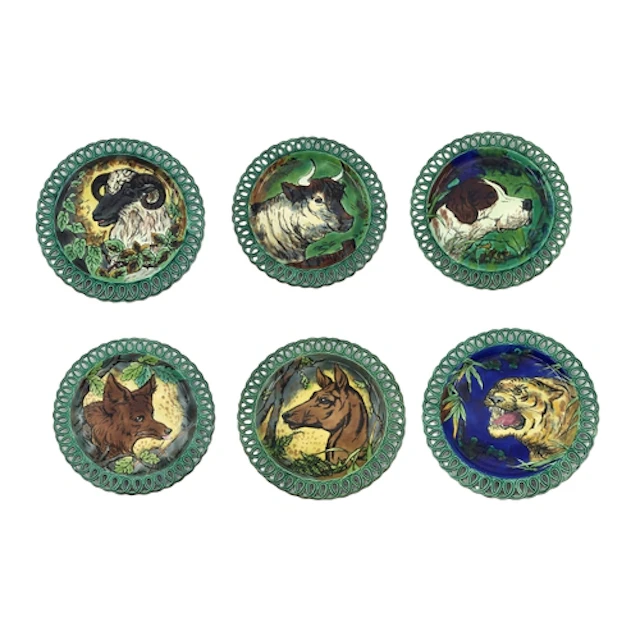 A SET OF TWELVE ANTIQUE WEDGEWOOD ANIMAL PLATES, two of fox,...