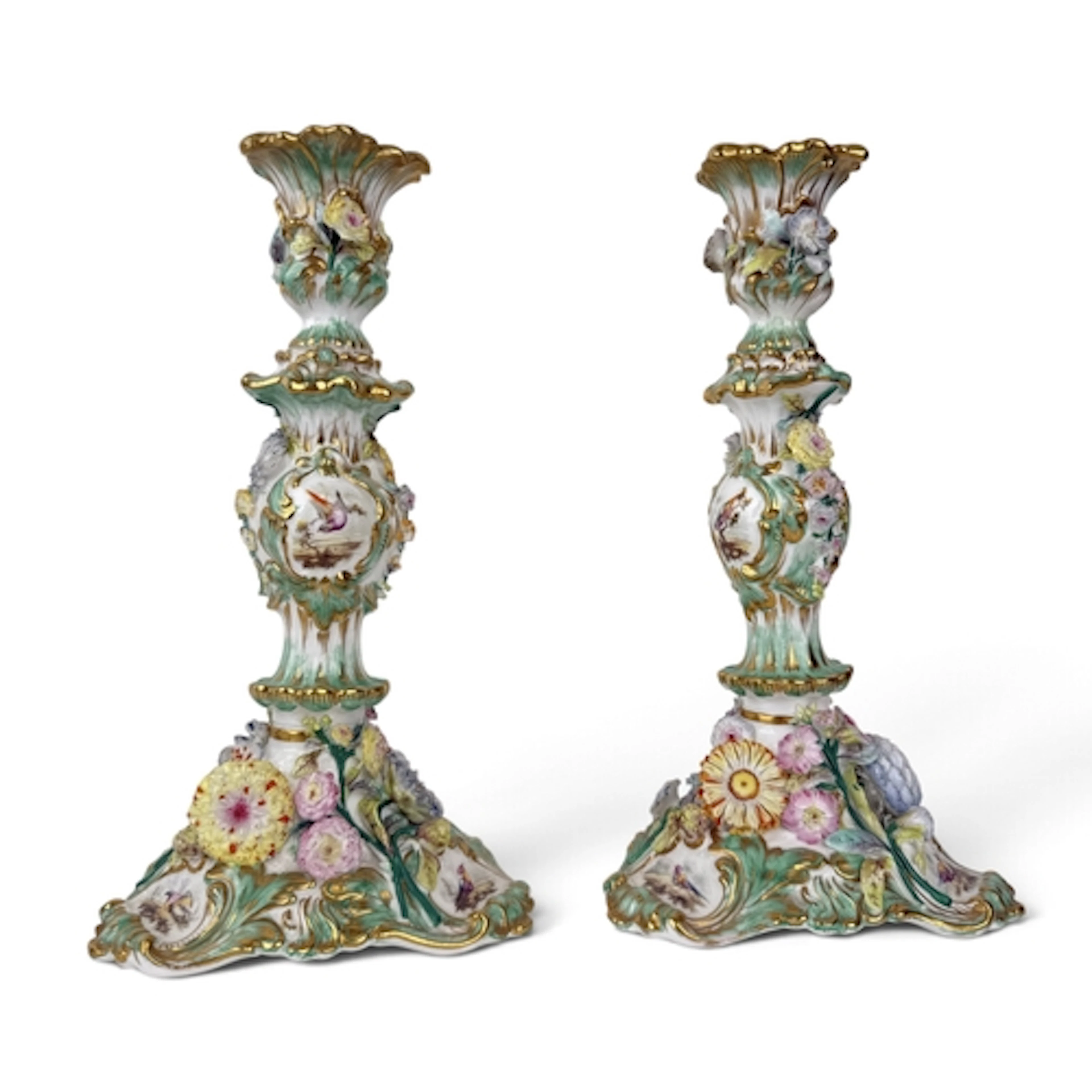 A PAIR OF COALBRROKDALE PORCELAIN CANDLESTICKS, ENCRUSTED WI...