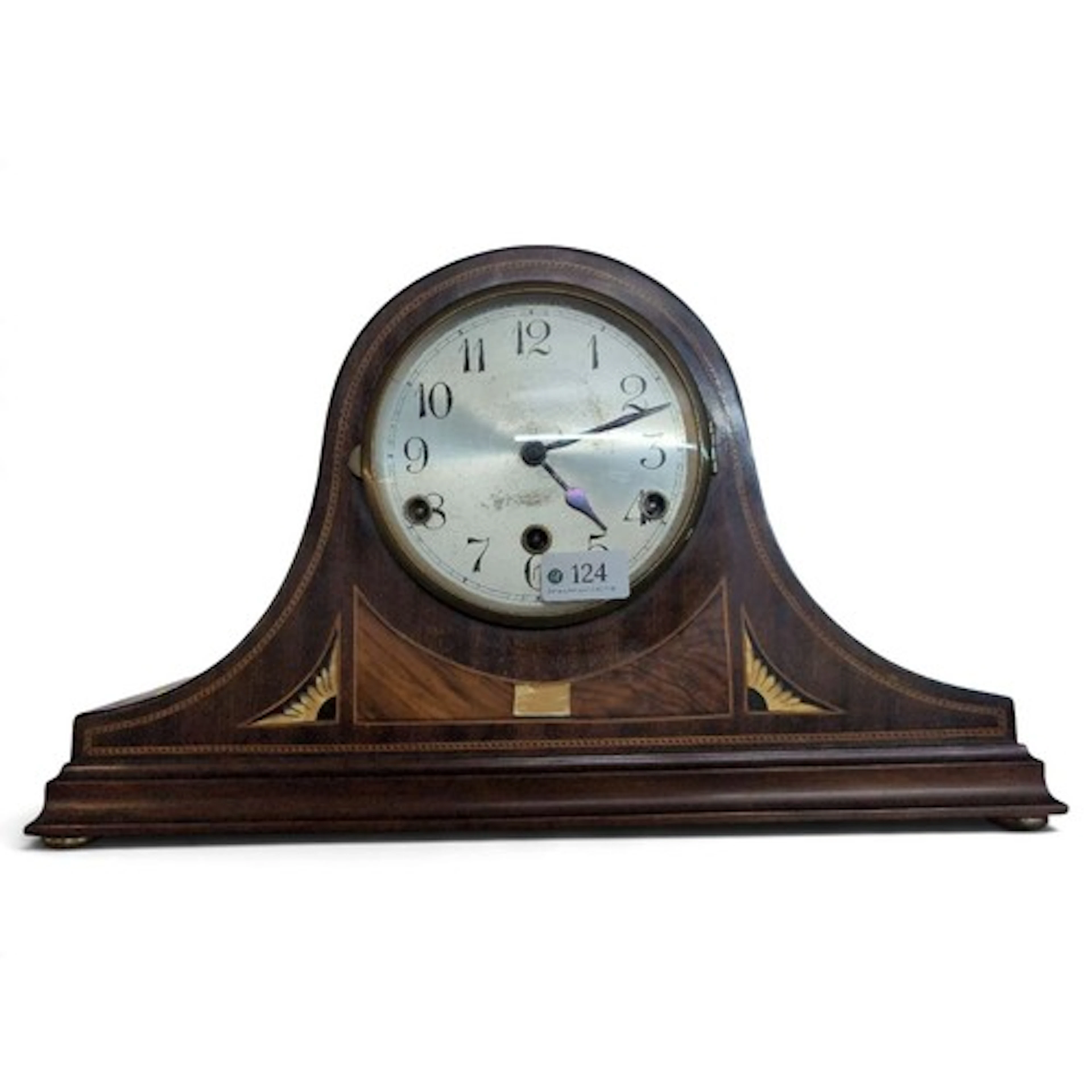 German Napoleon Hat-style mahogany inlaid mantel clock.