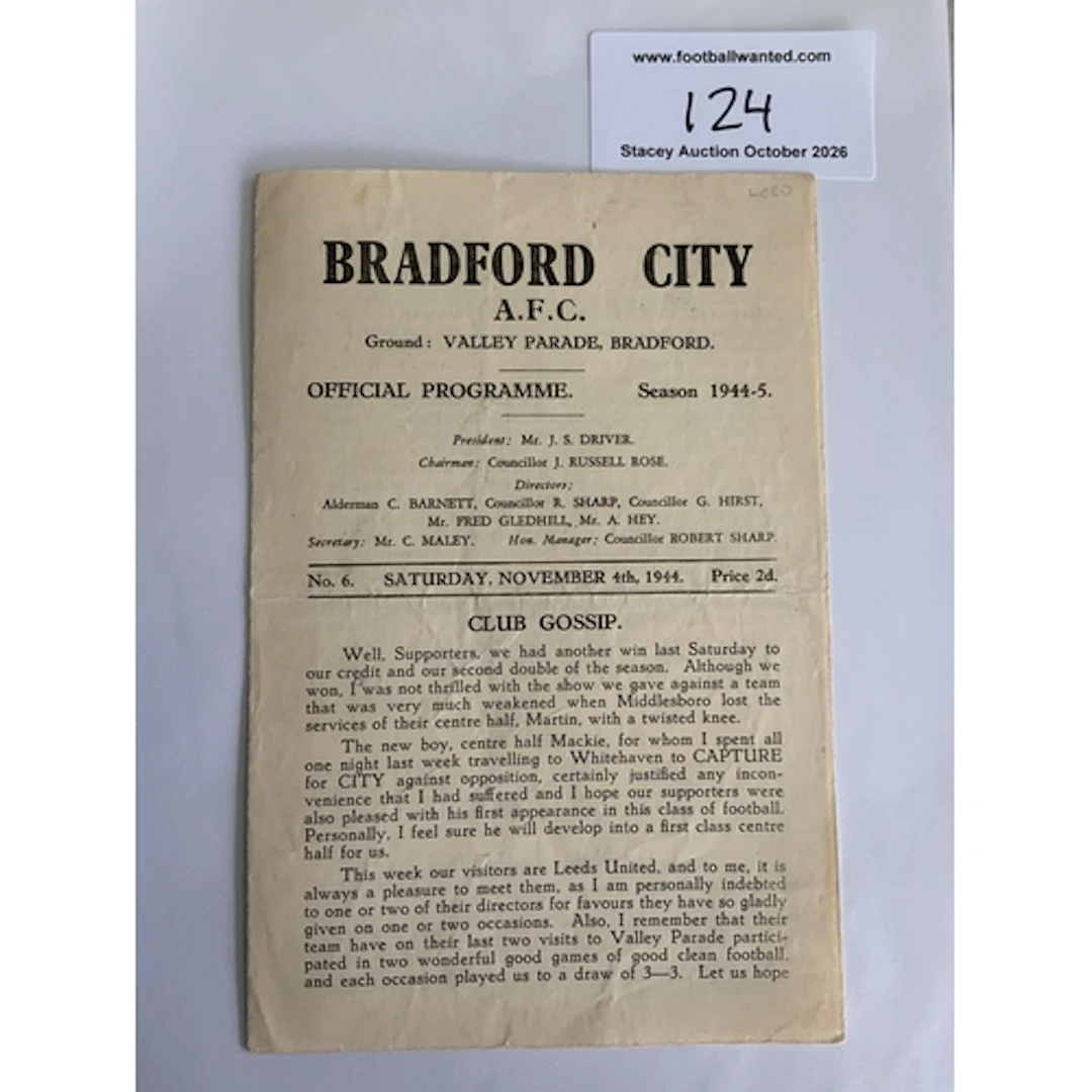 44/45 Bradford City v Leeds Utd Football Programme: 4 pager ...