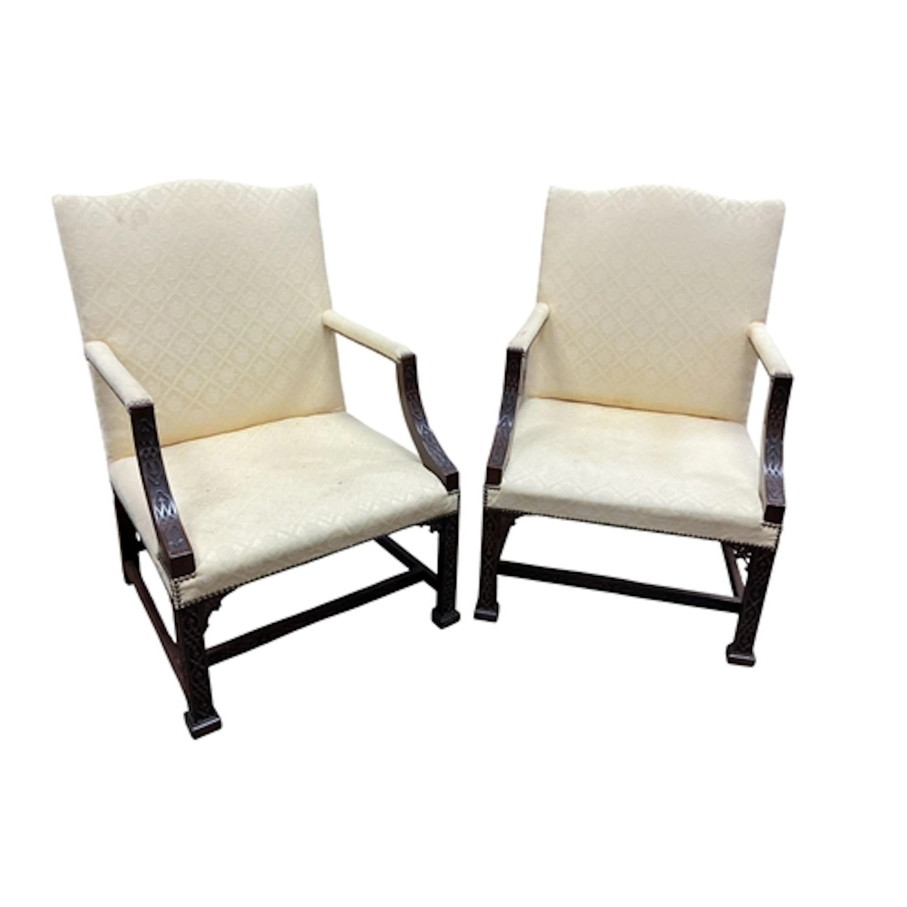 A pair of Chippendale style mahogany elbow chairs, width 68c...