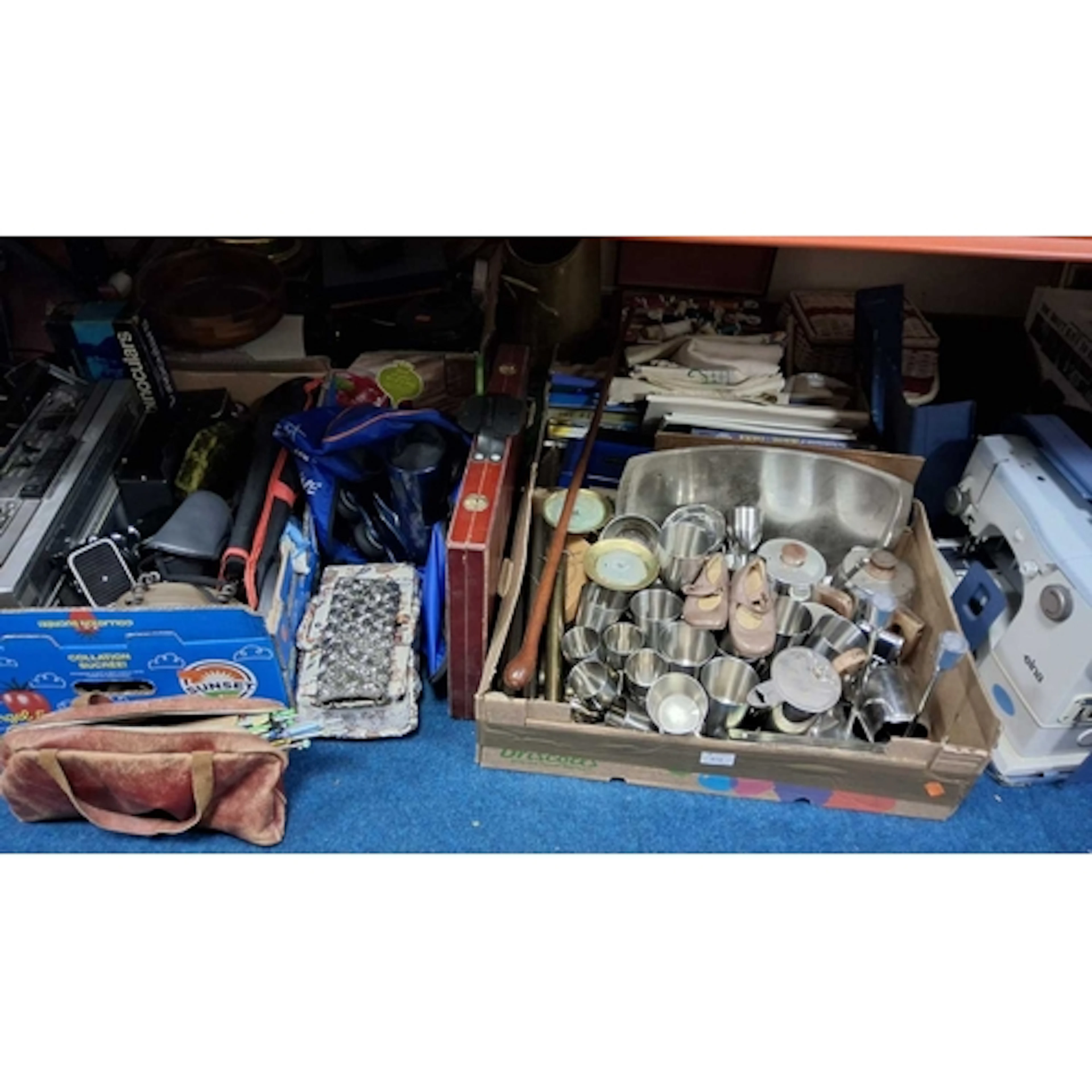 FIVE BOXES AND LOOSE METALWARE, SEWING MACHINE, ART, CRAFT A...