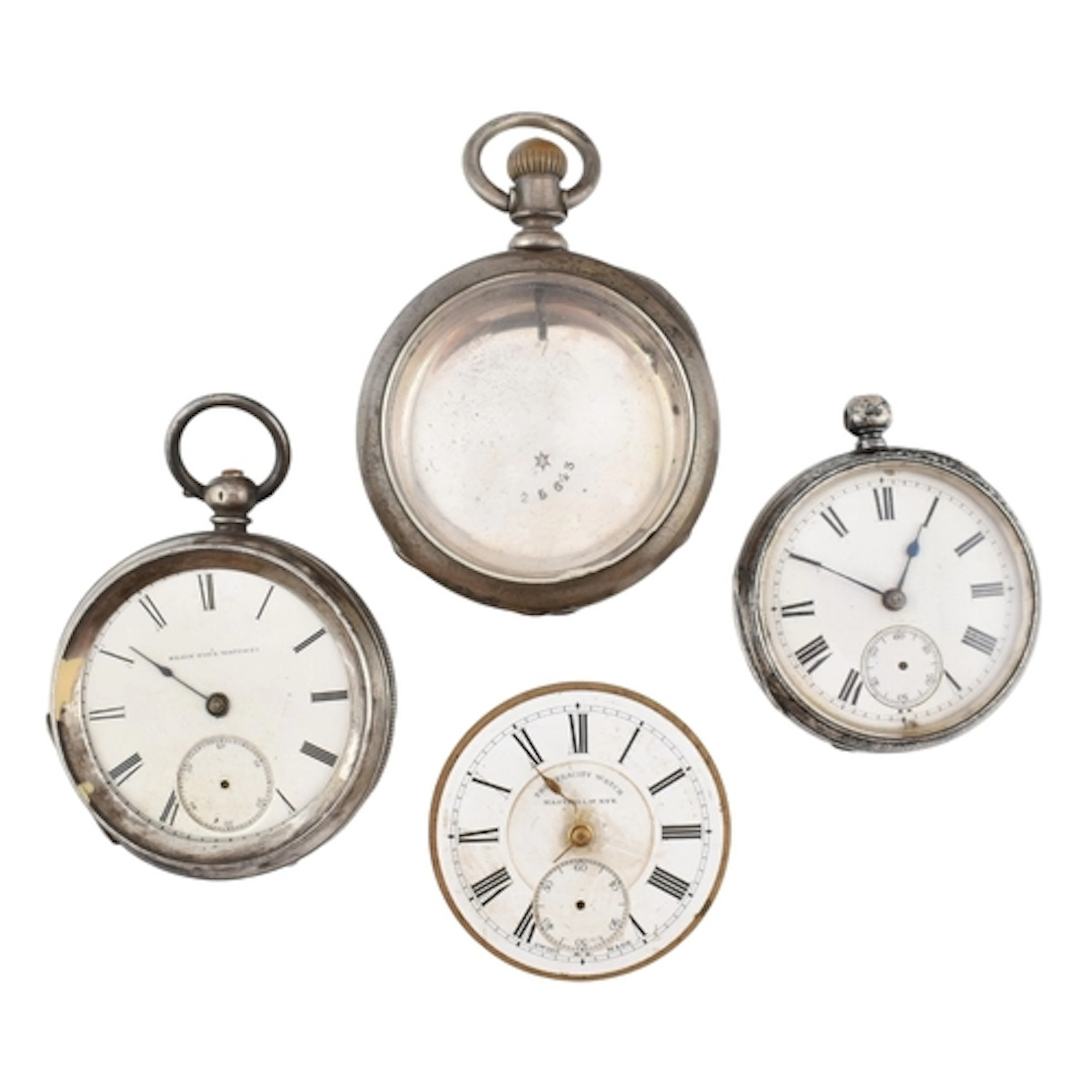 A collection of pocket watch movements and silver & whit...
