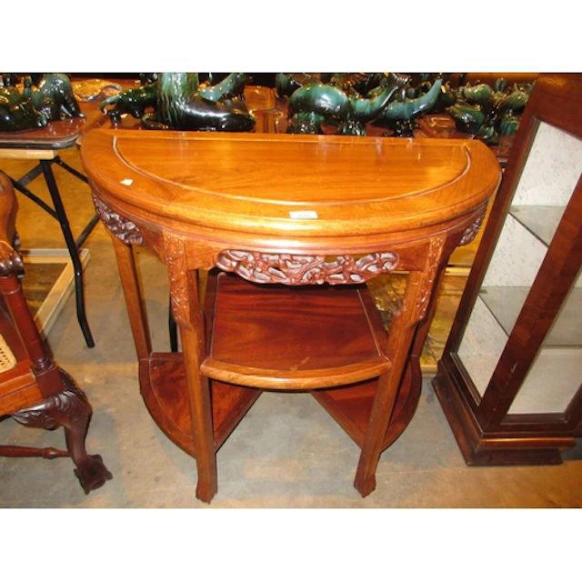 Chinese Carved Wood Demi Lune Hall Table