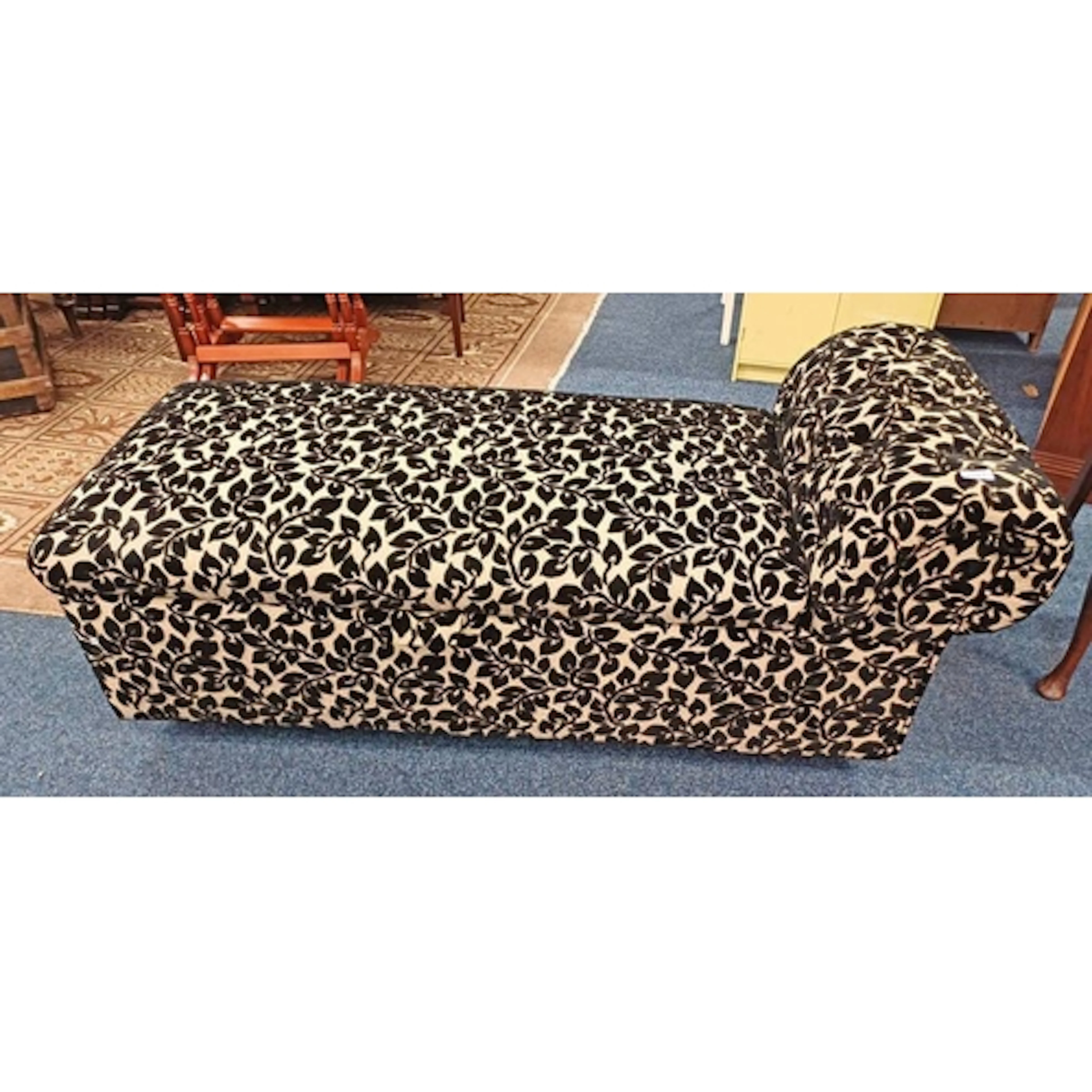 OVERSTUFFED CHAISE LONGUE WITH BLACK & CREAM FOLIAGE PATTERN...