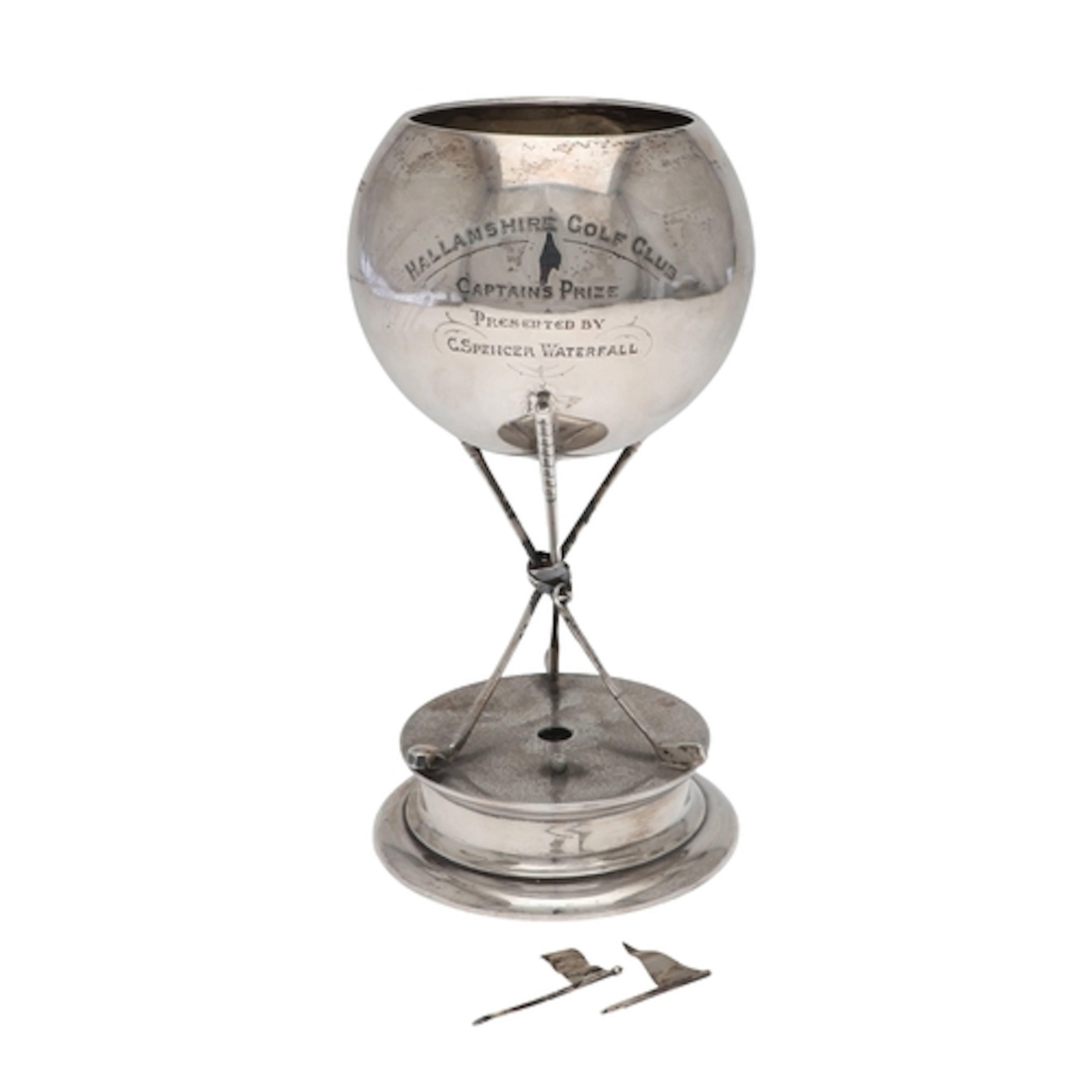 A SILVER GOLFING TROPHY CUP. The spherical top with engraved...