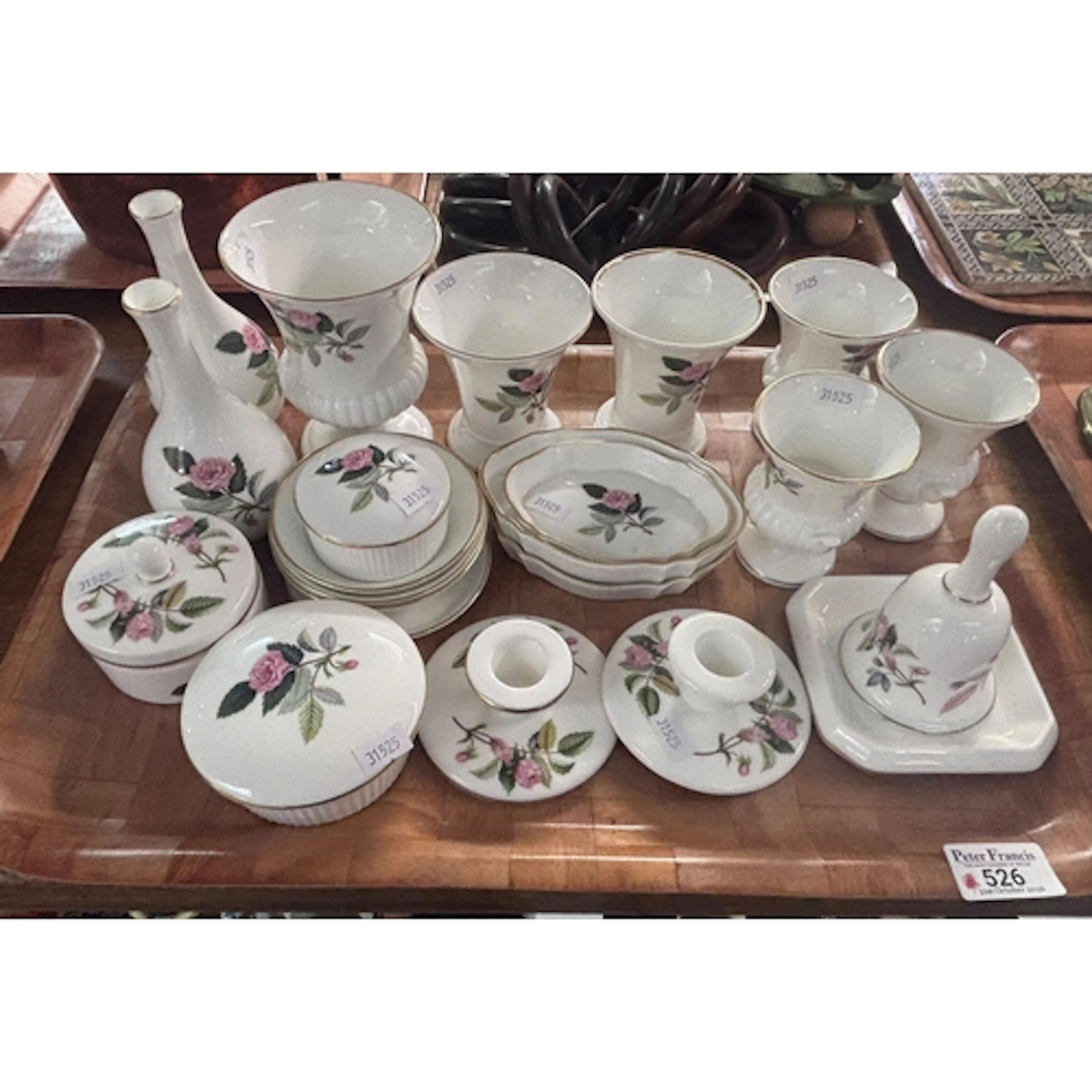 Tray of Wedgwood Hathaway Rose items to include pair of dwar...