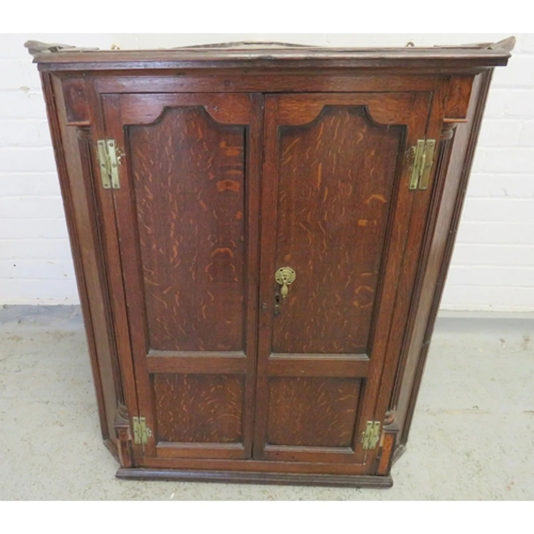 Antique Dark Oak Wall Hanging Corner Cabinet with brass fitt...