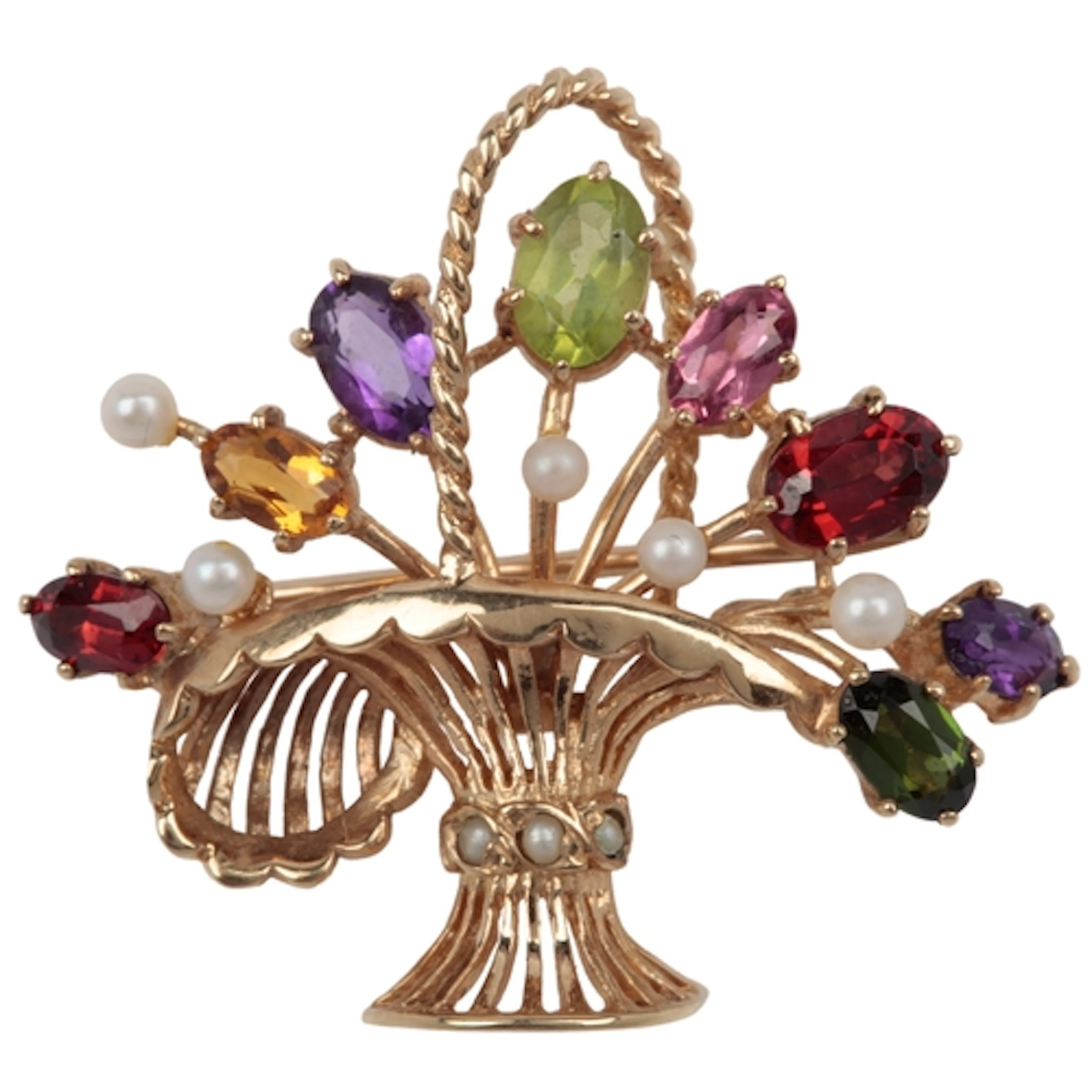 A gold, cultured pearl and multi-gem brooch, circa 1986, des...