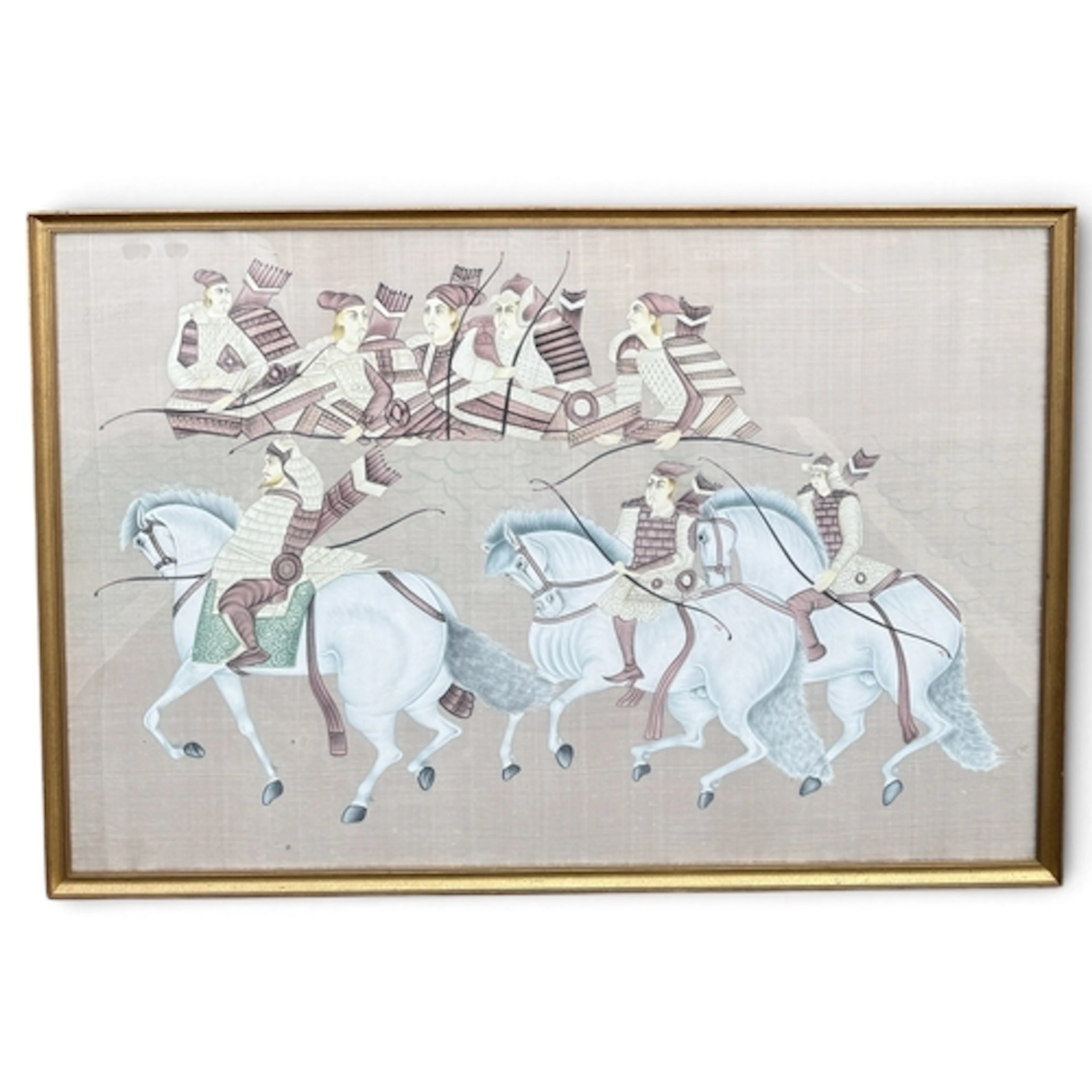 A LARGE INDIAN PAINTING ON SILK DEPICTING A PROCESSION OF AR...