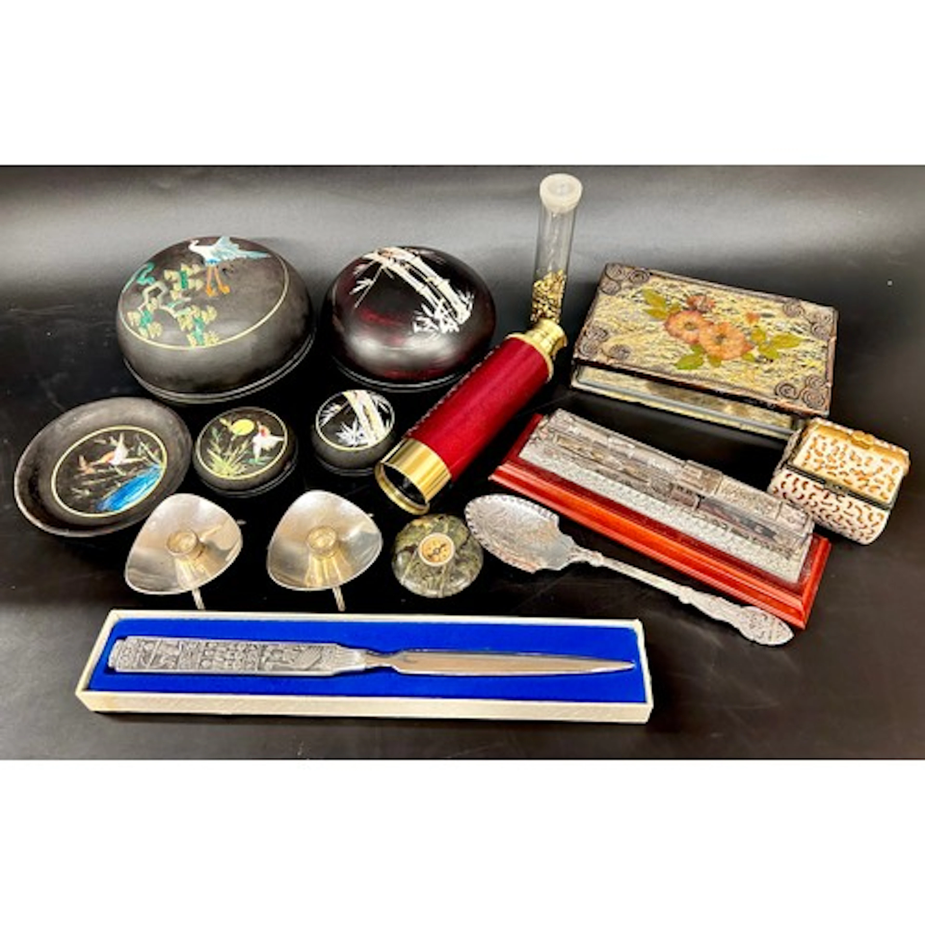 Assorted items to include trinket boxes, pin dish, telescope...
