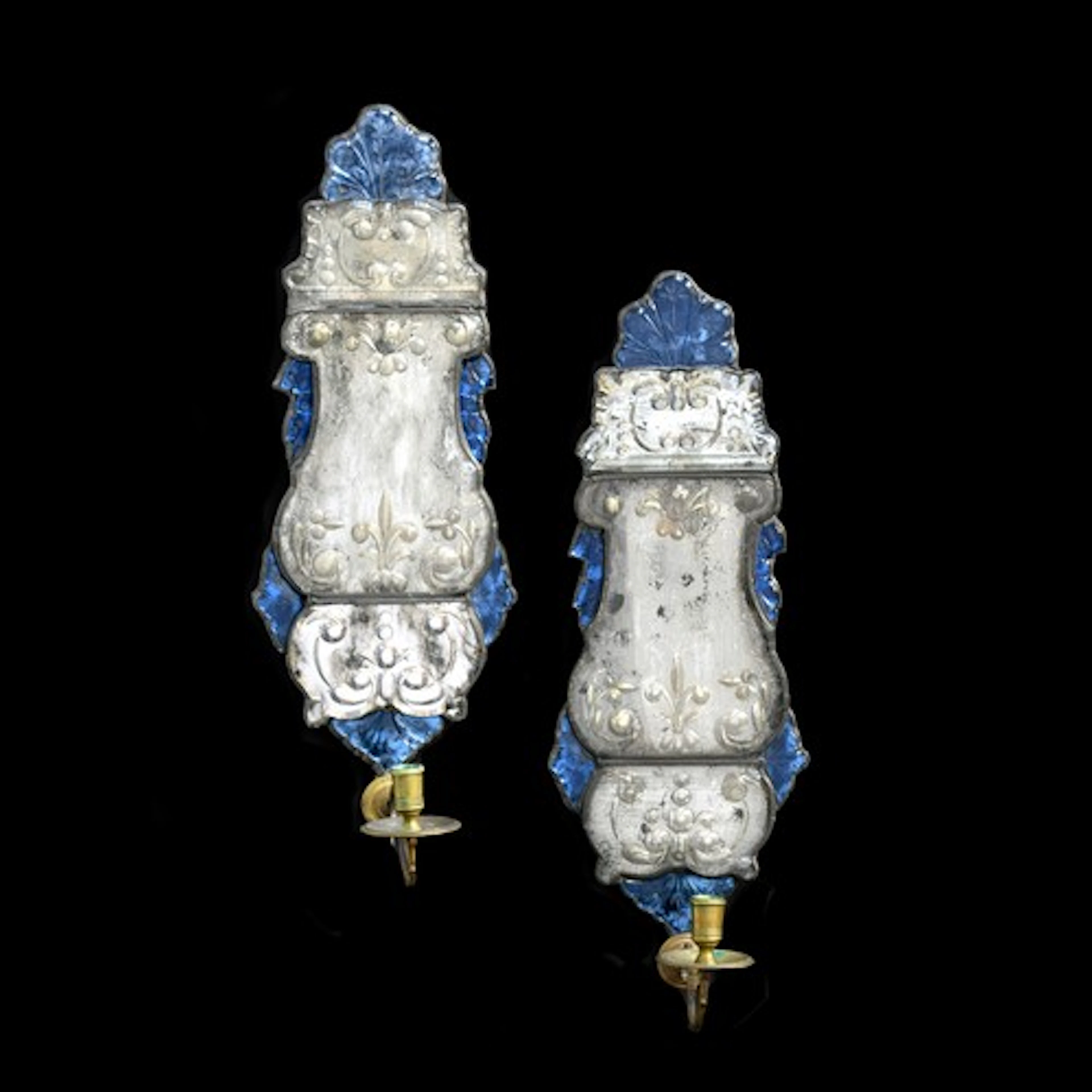 A pair of Anglo-Dutch blue glass and mirrored girandoles, c....