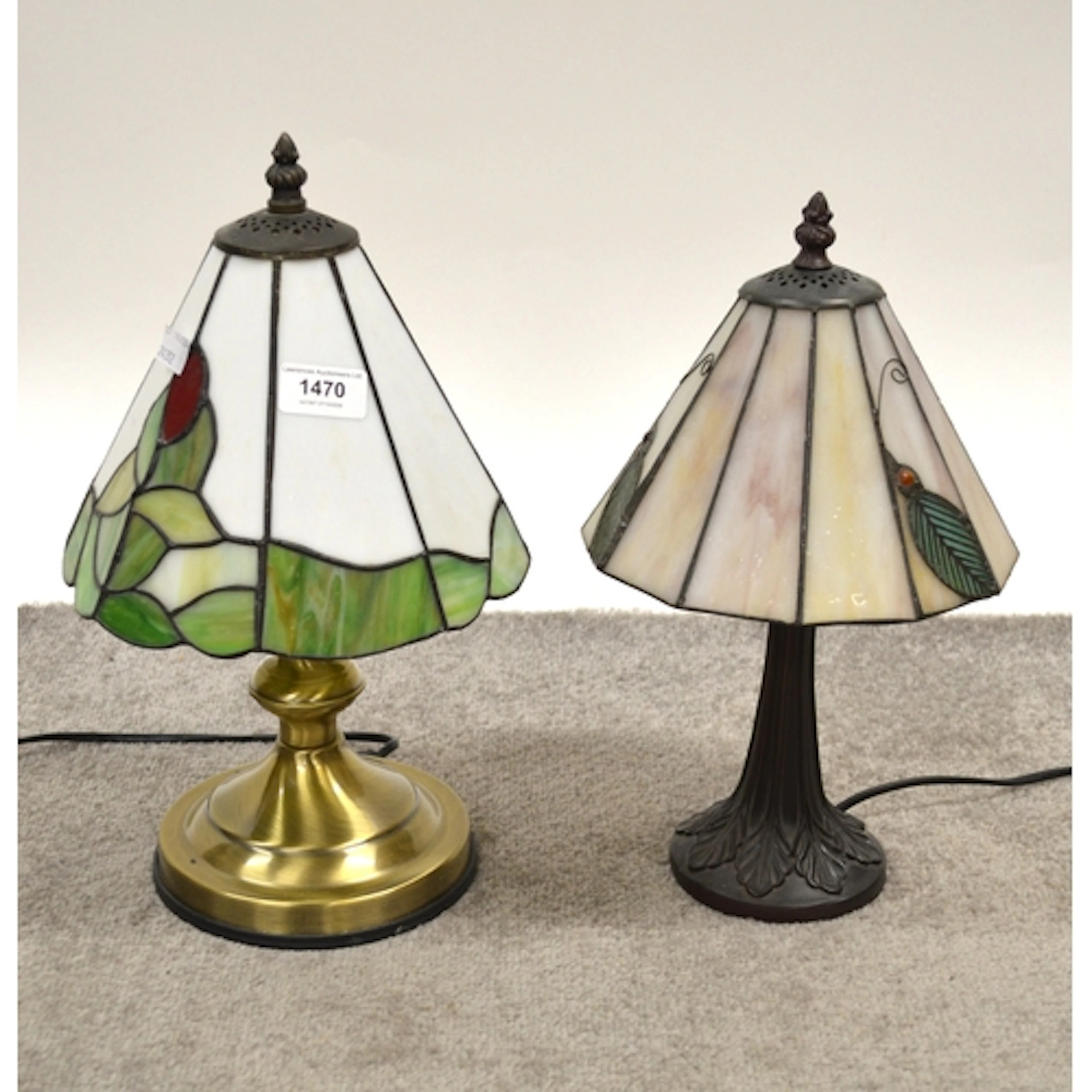 Two small Art Deco style table lamps, with leaded glass shad...