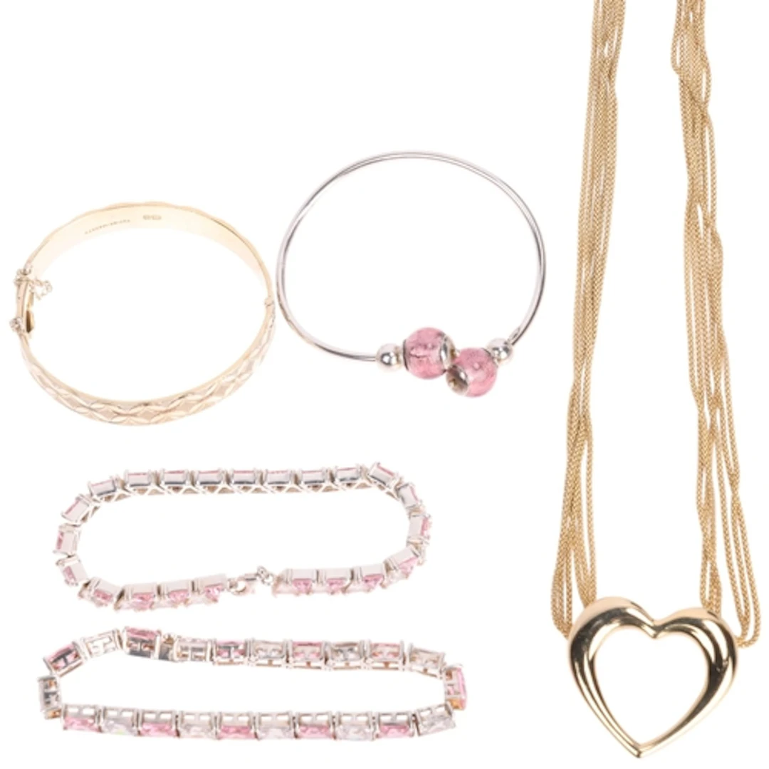 Various silver jewellery, including pink cubic zirconia line...