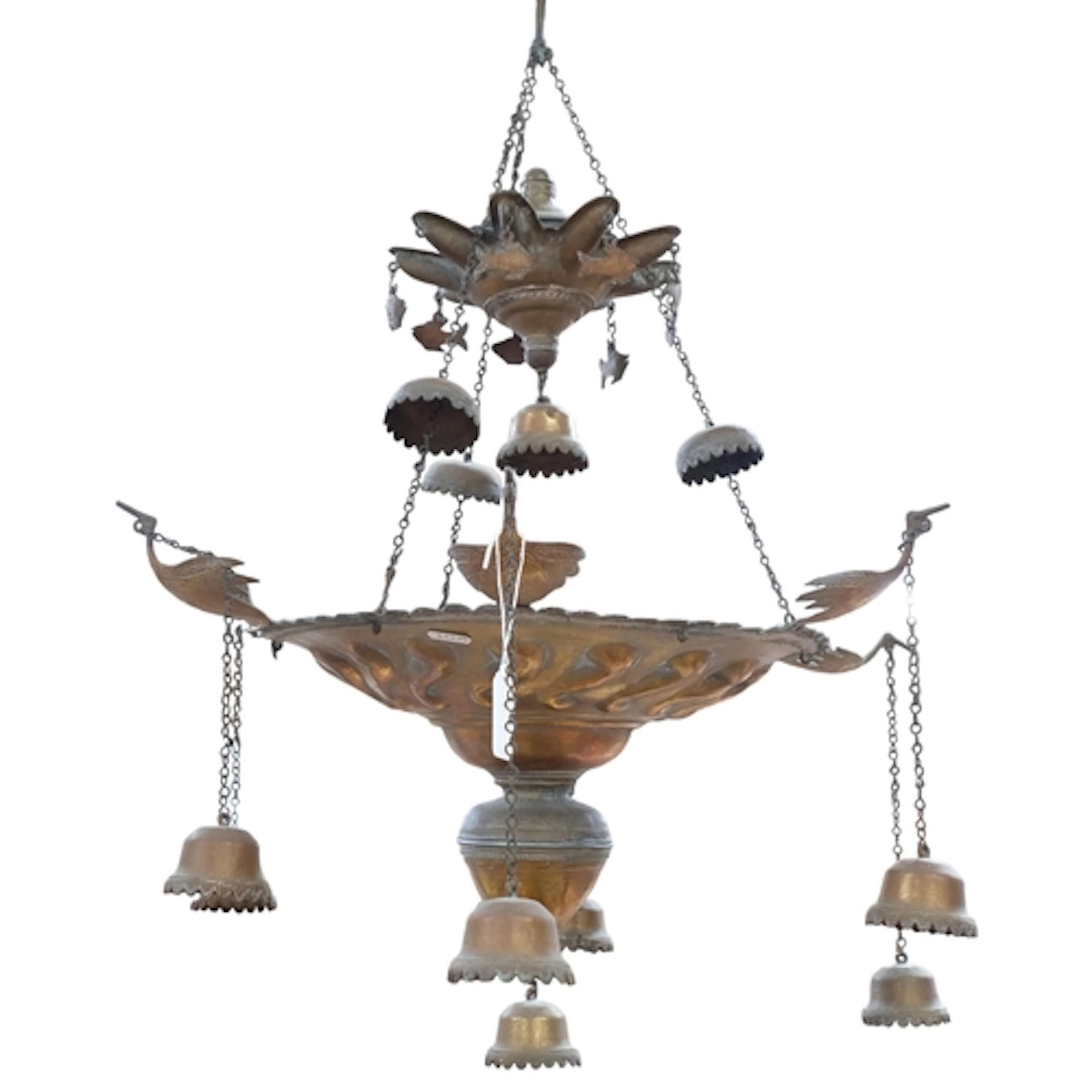 An Antique brass repousse decorated Gothic chandelier, ornam...