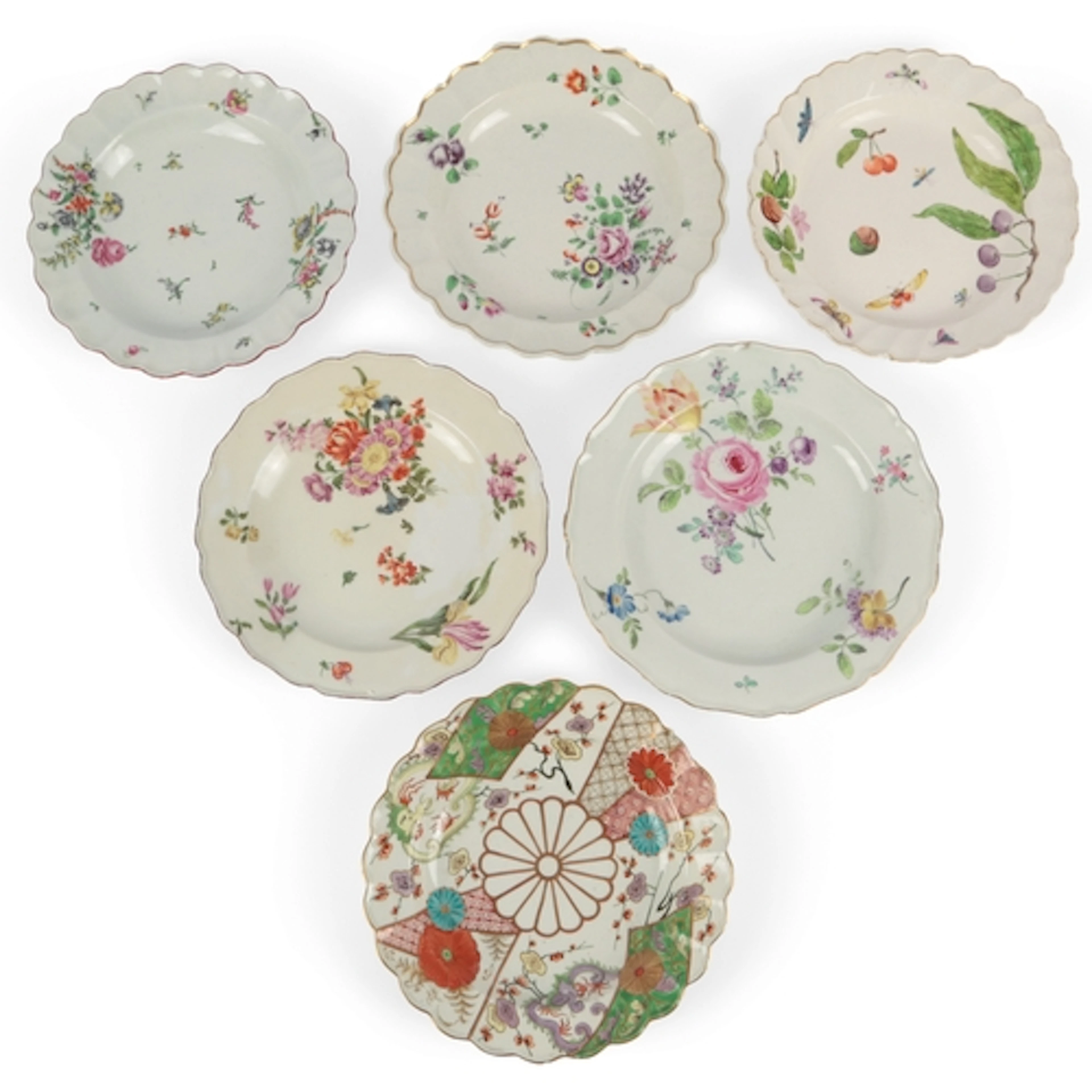 A group of six English porcelain scalloped plates, late 18th...