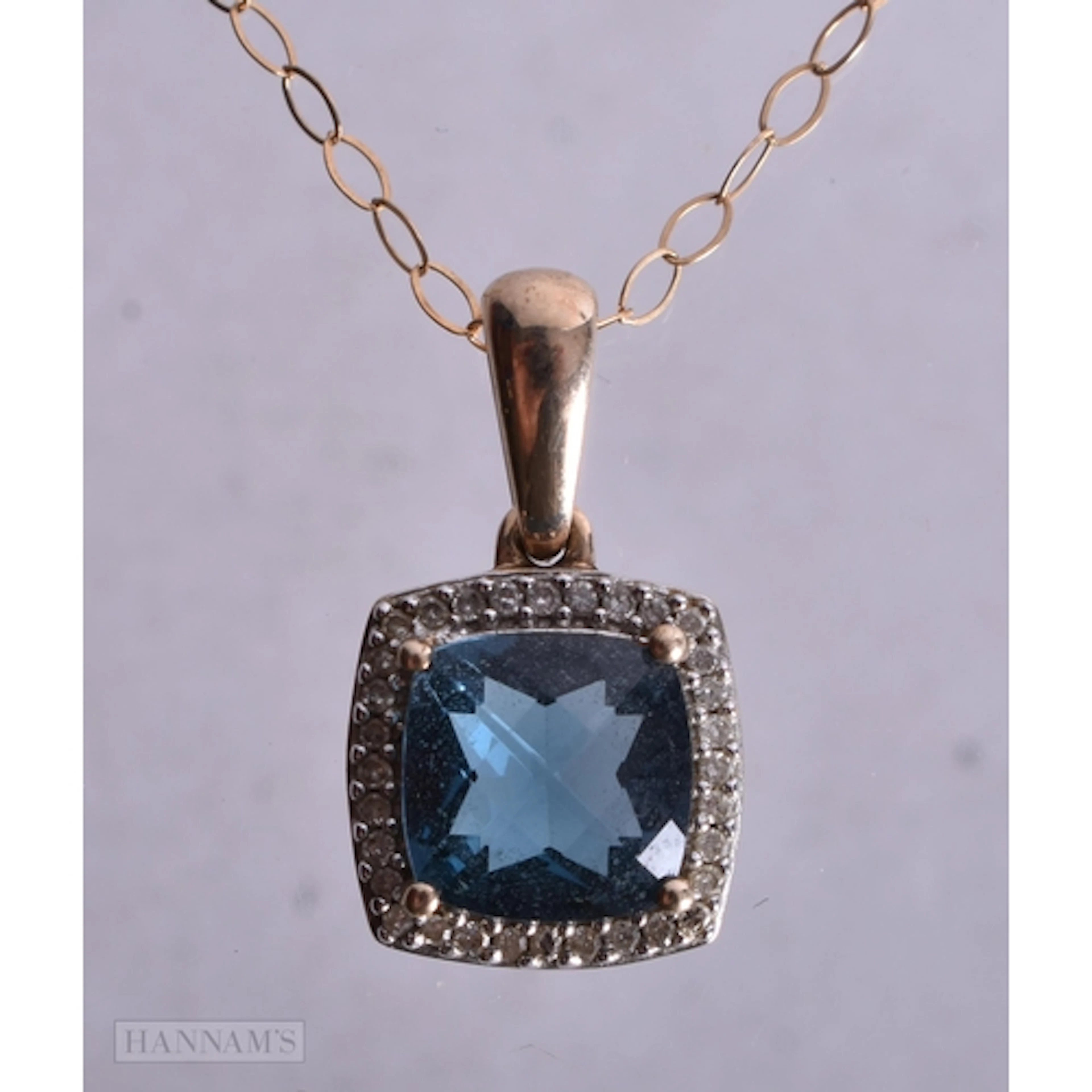 9ct gold blue topaz and diamond halo cluster pendant necklac...