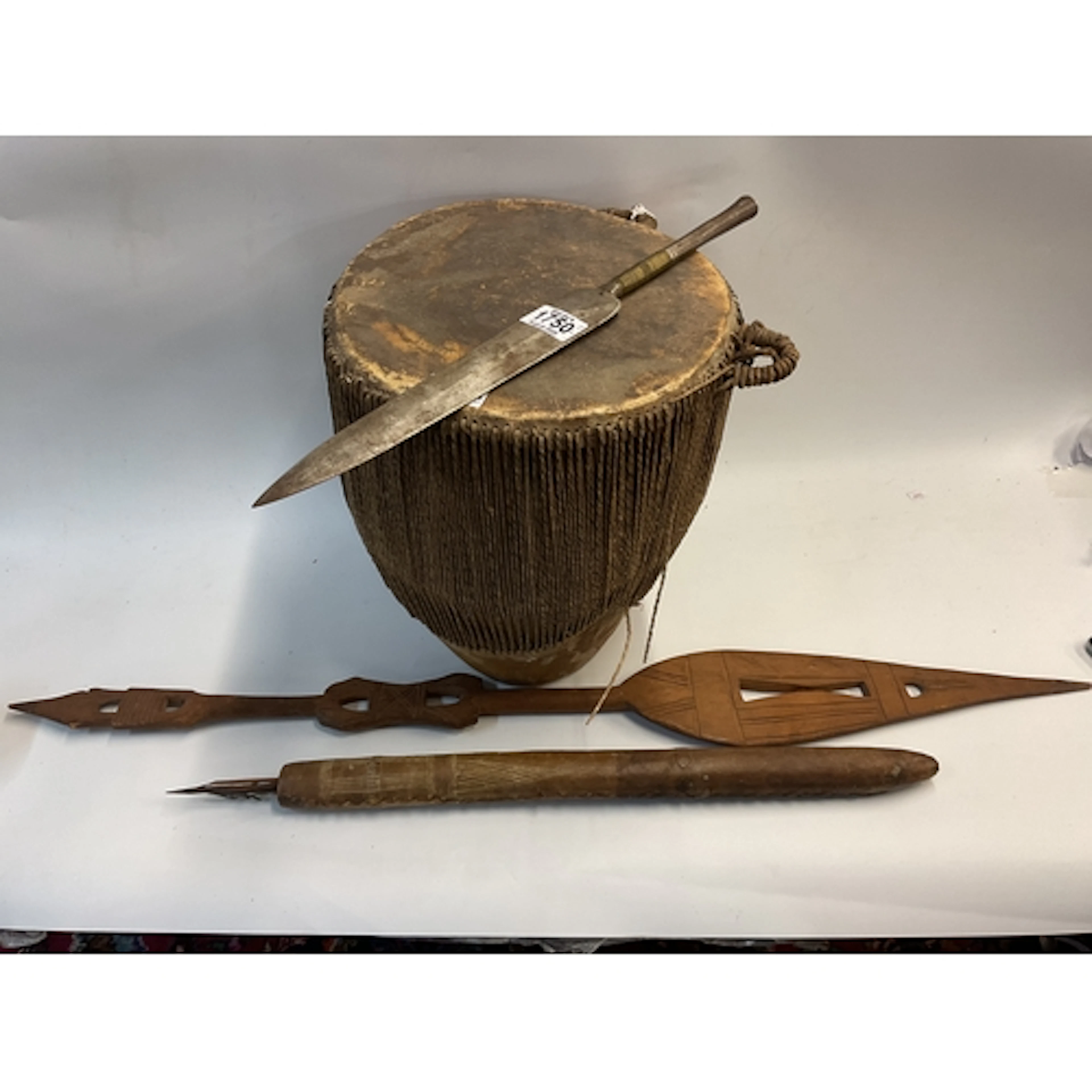 19th c African spear head, hammered metal with fine weaving ...
