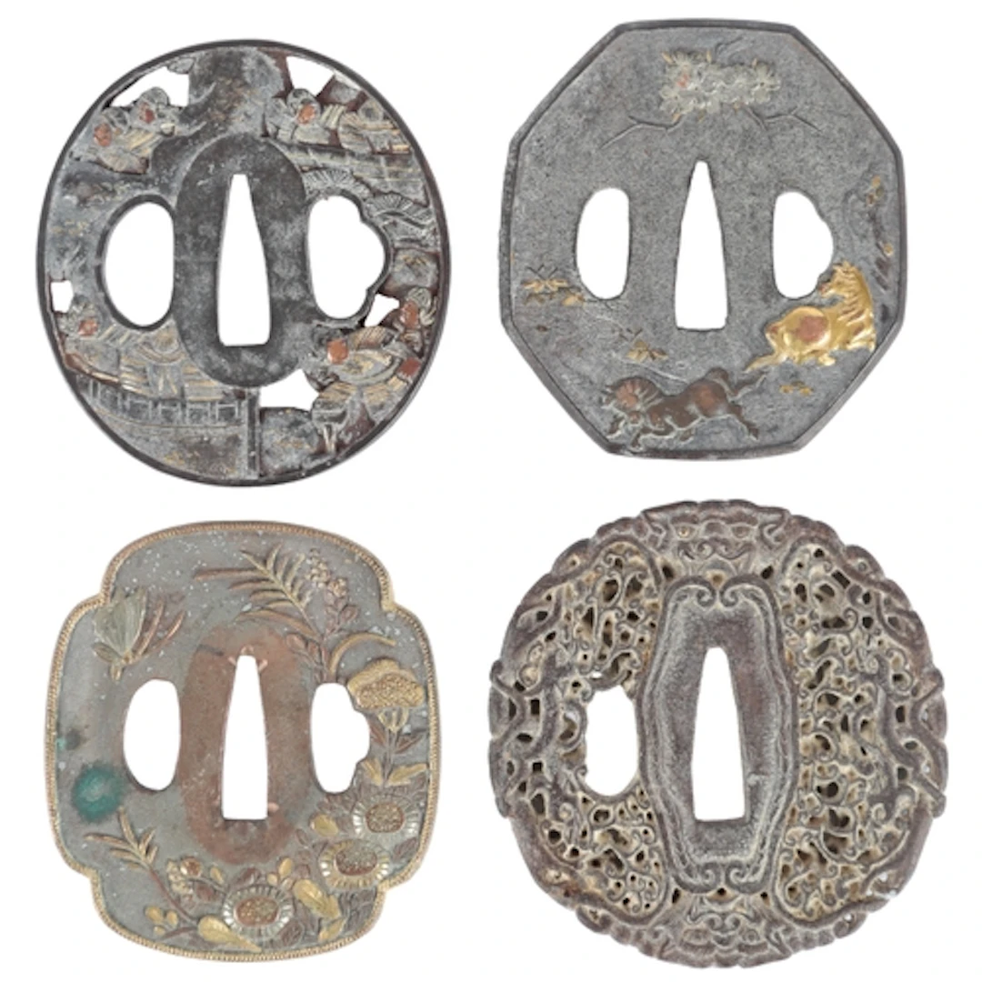 Four Japanese tsuba, Edo period, two iron tsuba inlaid in mi...