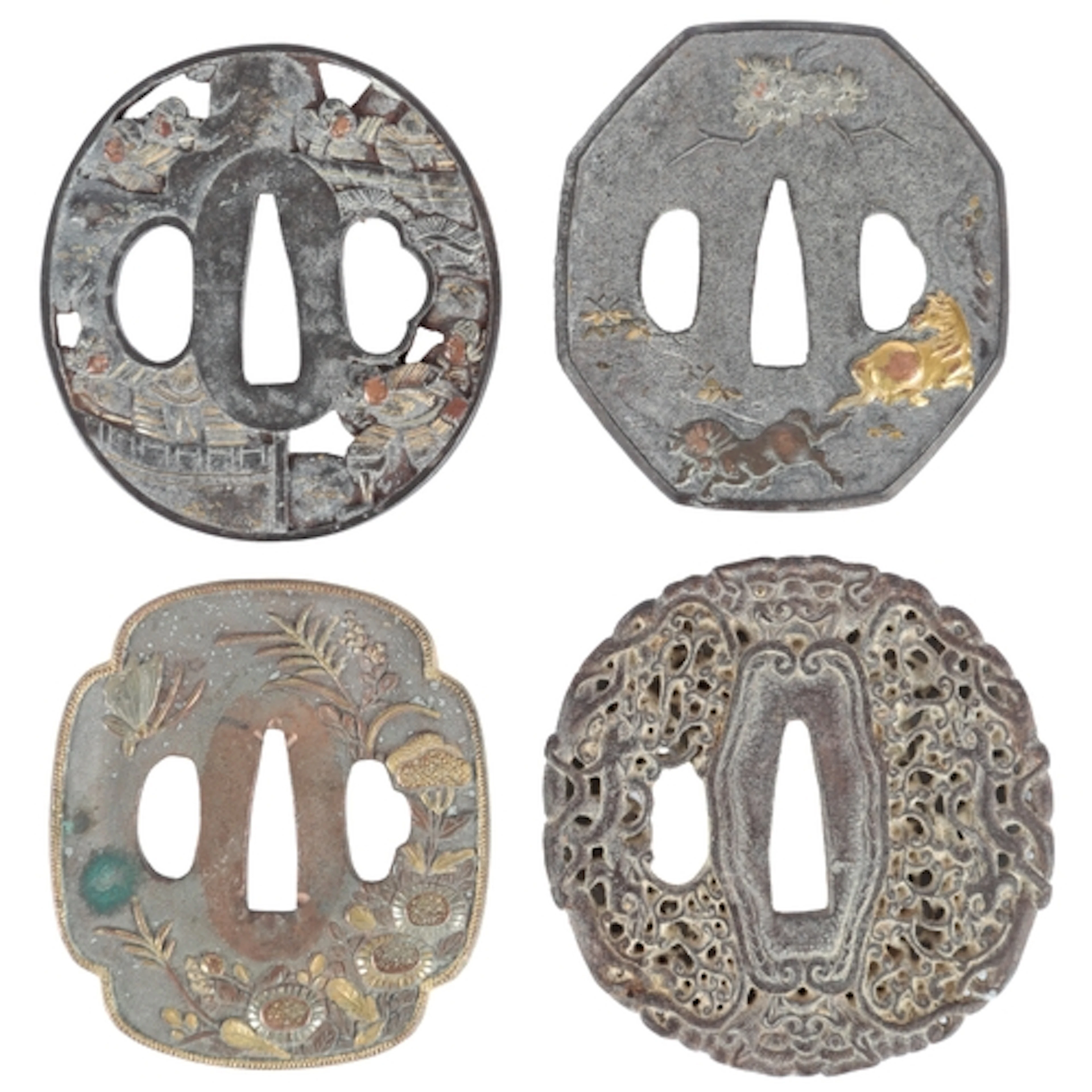 Four Japanese tsuba, Edo period, two iron tsuba inlaid in mi...