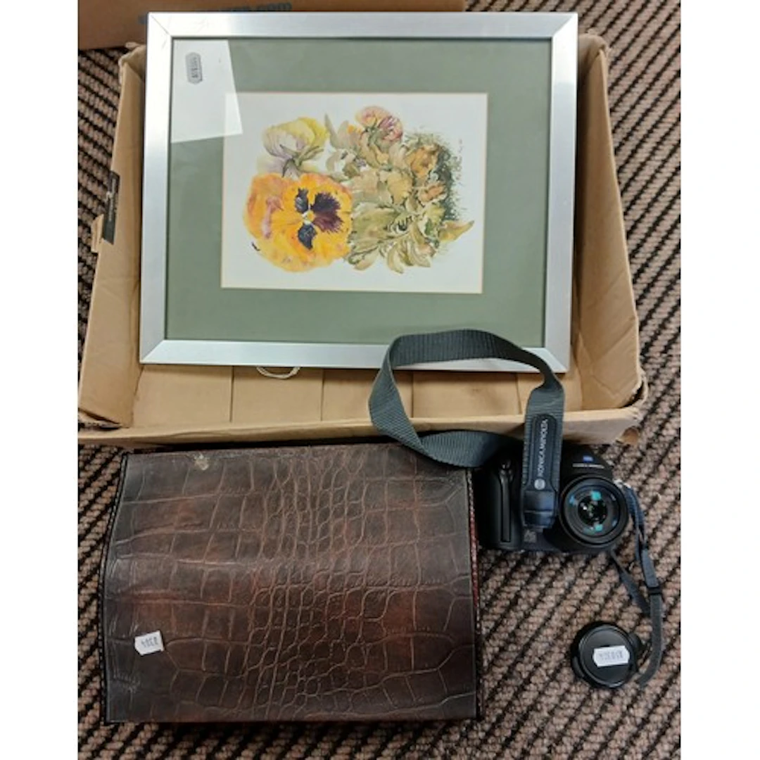 Domed topped box, a Konica Minolta compact camera and a wate...