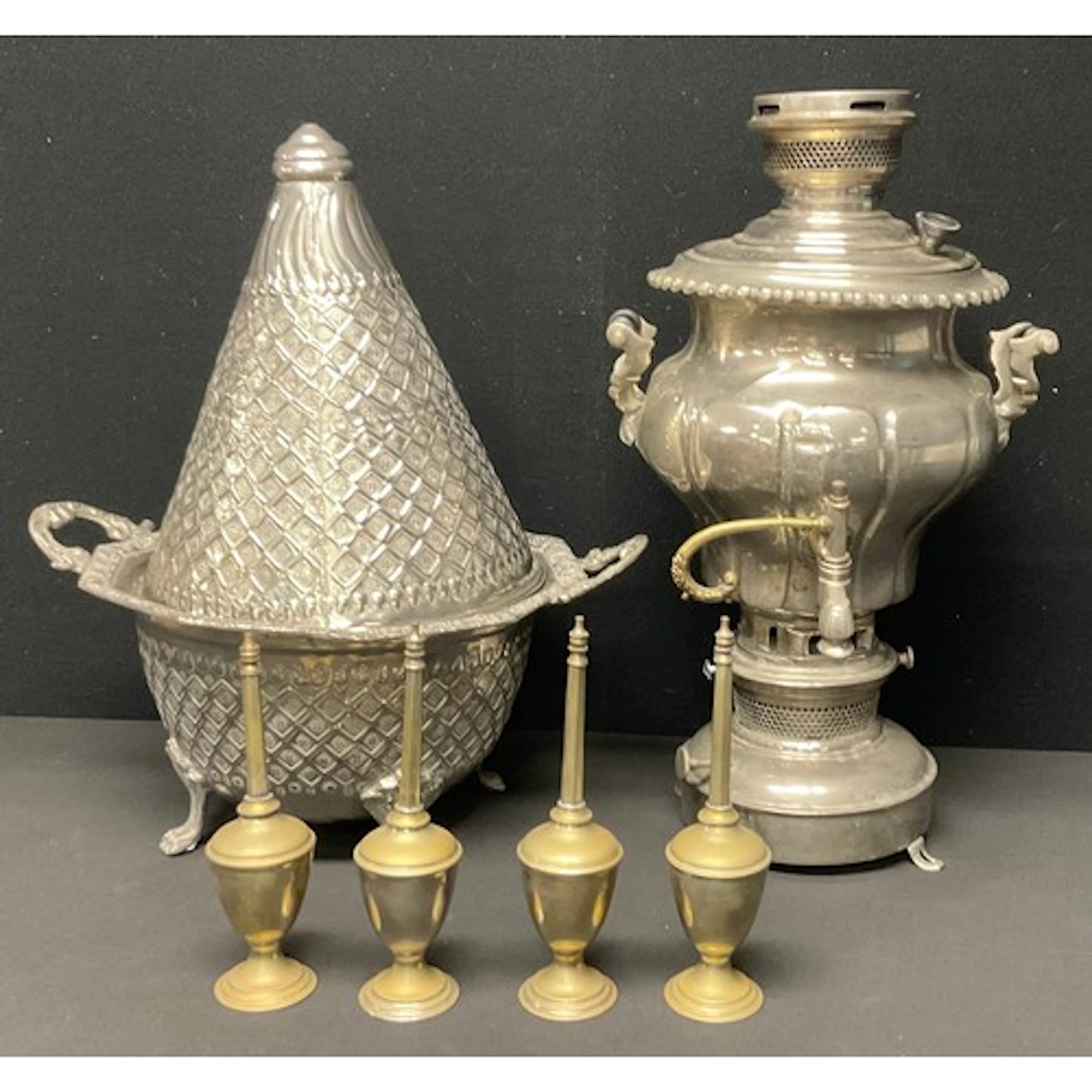 Plated Ware - a Moroccan two handled tagine, conical cover, ...