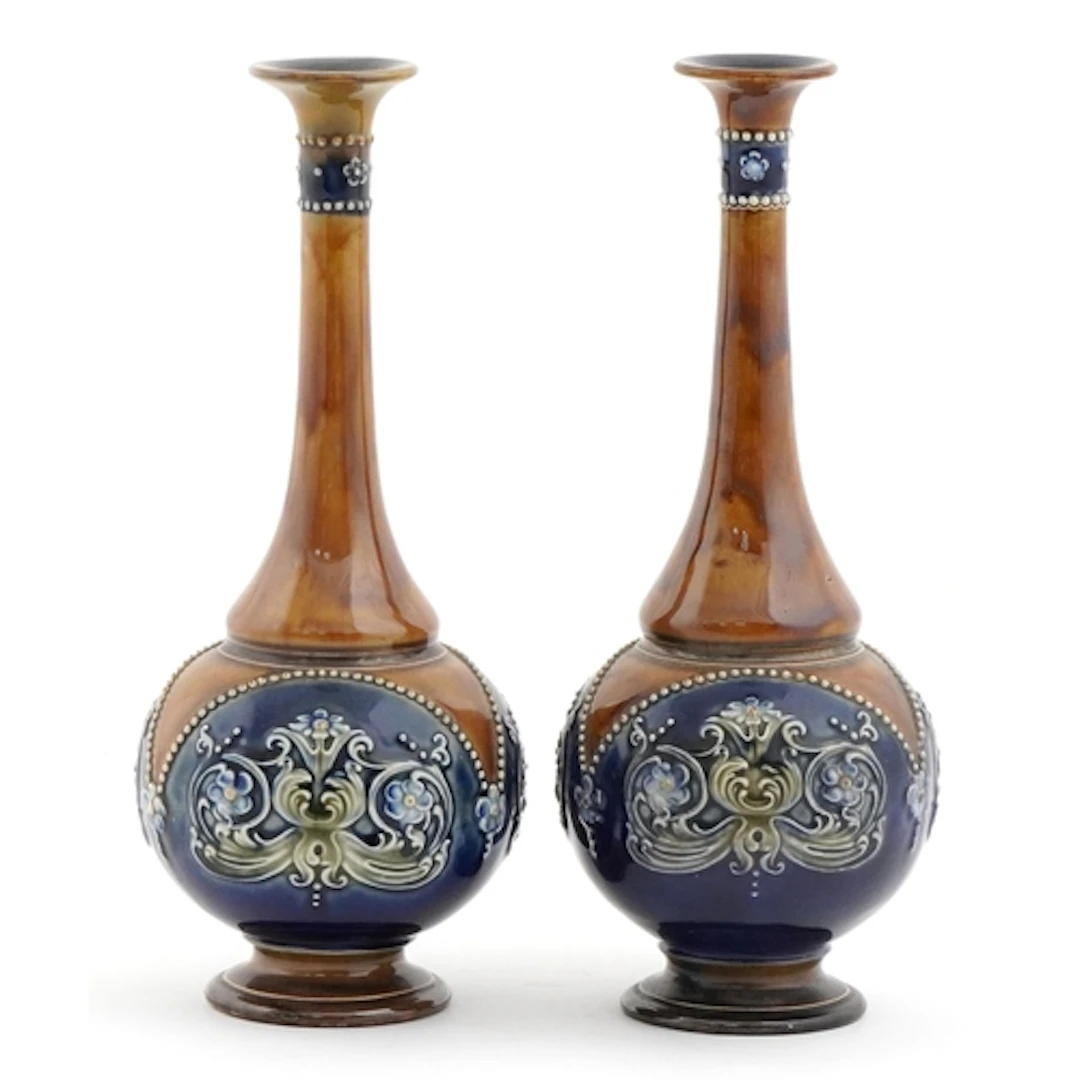Pair of Doulton Lambeth Art Nouveau stoneware bottleneck vas...