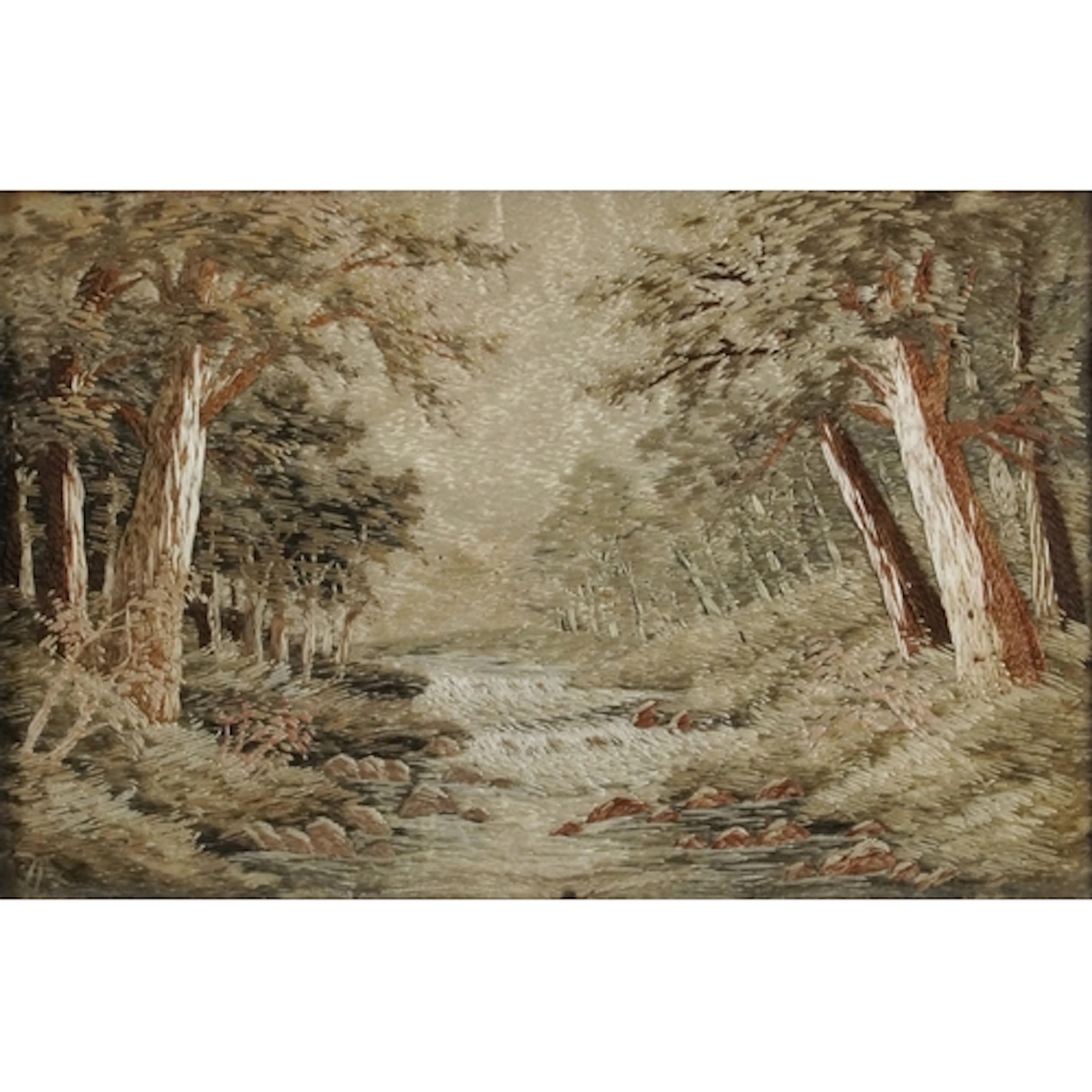Antique silk work embroidery of a forest landscape, framed a...