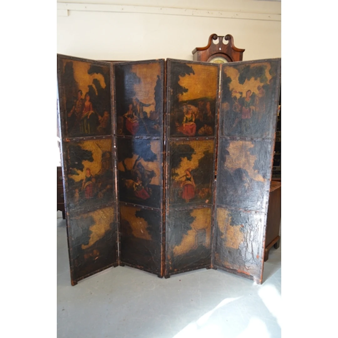Painted leather four panel screen