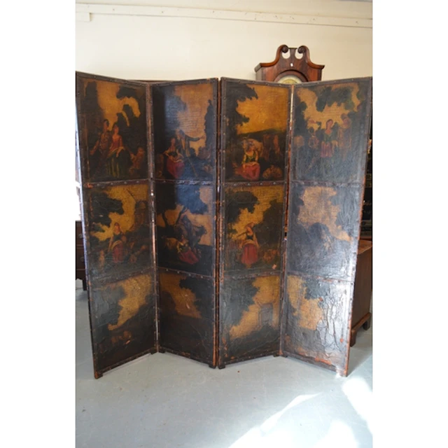 Painted leather four panel screen