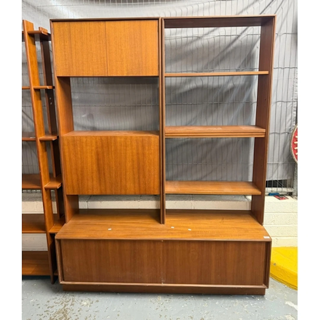 Mid century G Plan teak wall unit with open shelves, cupboar...