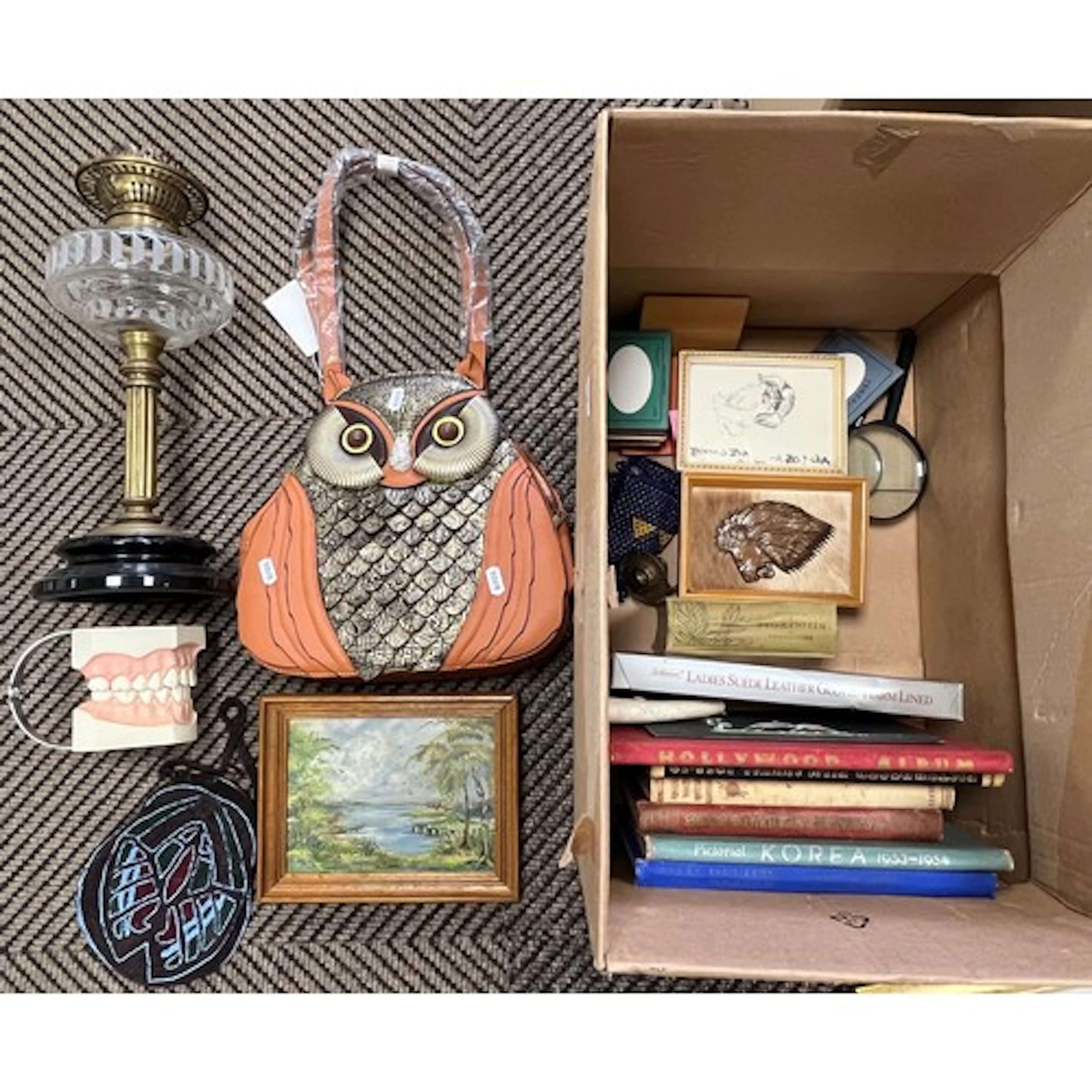 Glass oil lamp, collection of books, owl ladies bag etc