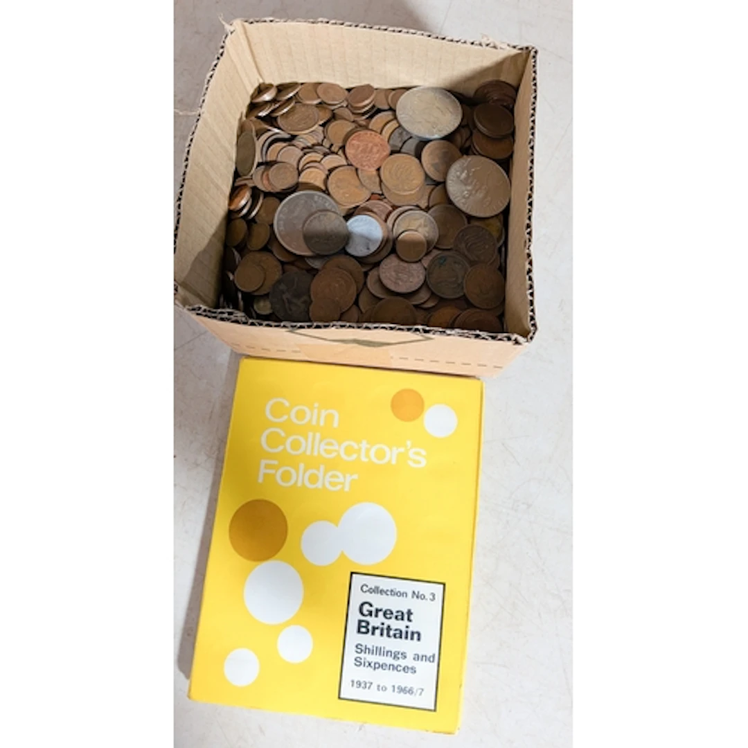 Assorted coinage and old mobile phones etc