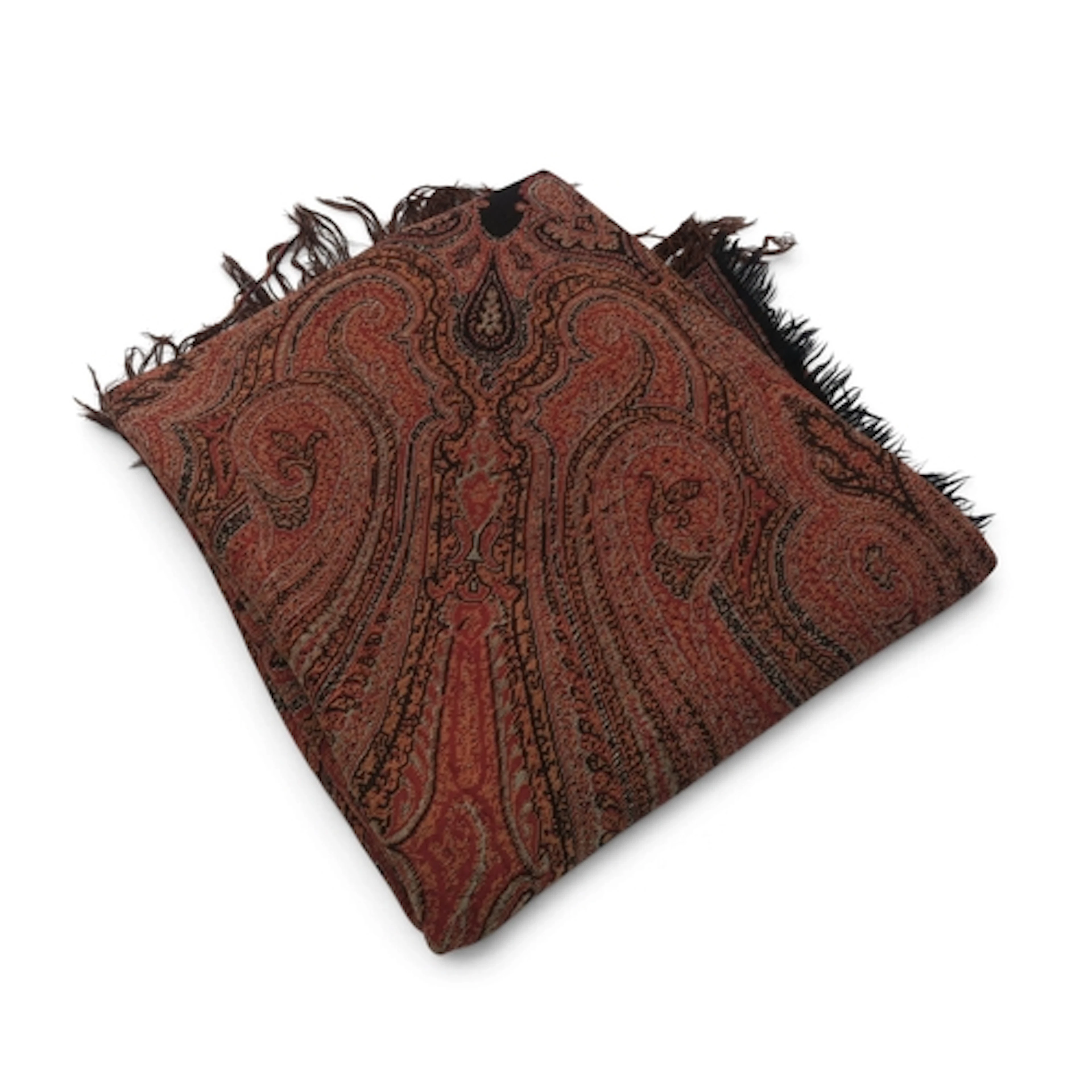 A square Paisley shawl with black ground woven in reds, oran...