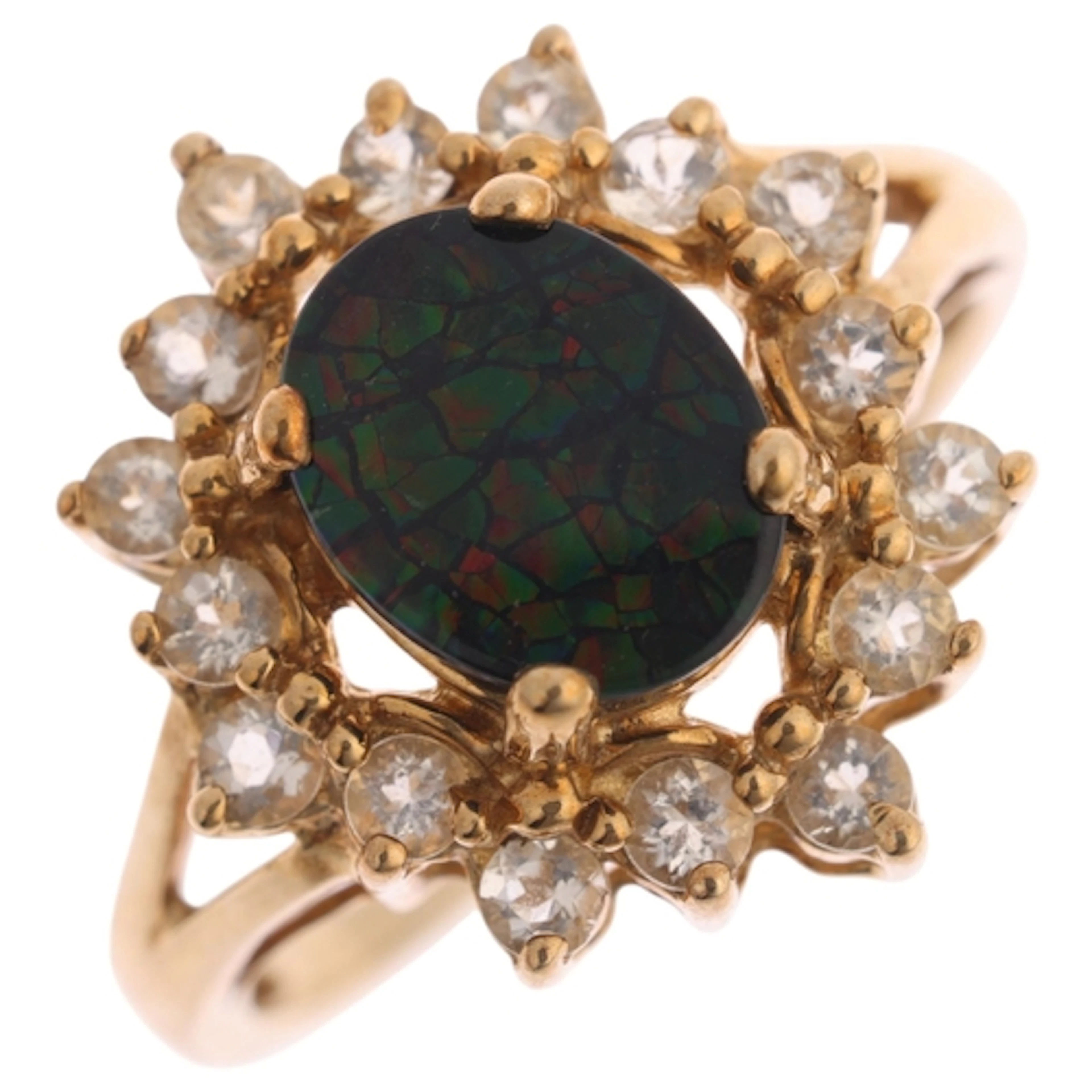 A 9ct gold mosaic ammolite triplet and white sapphire cluste...