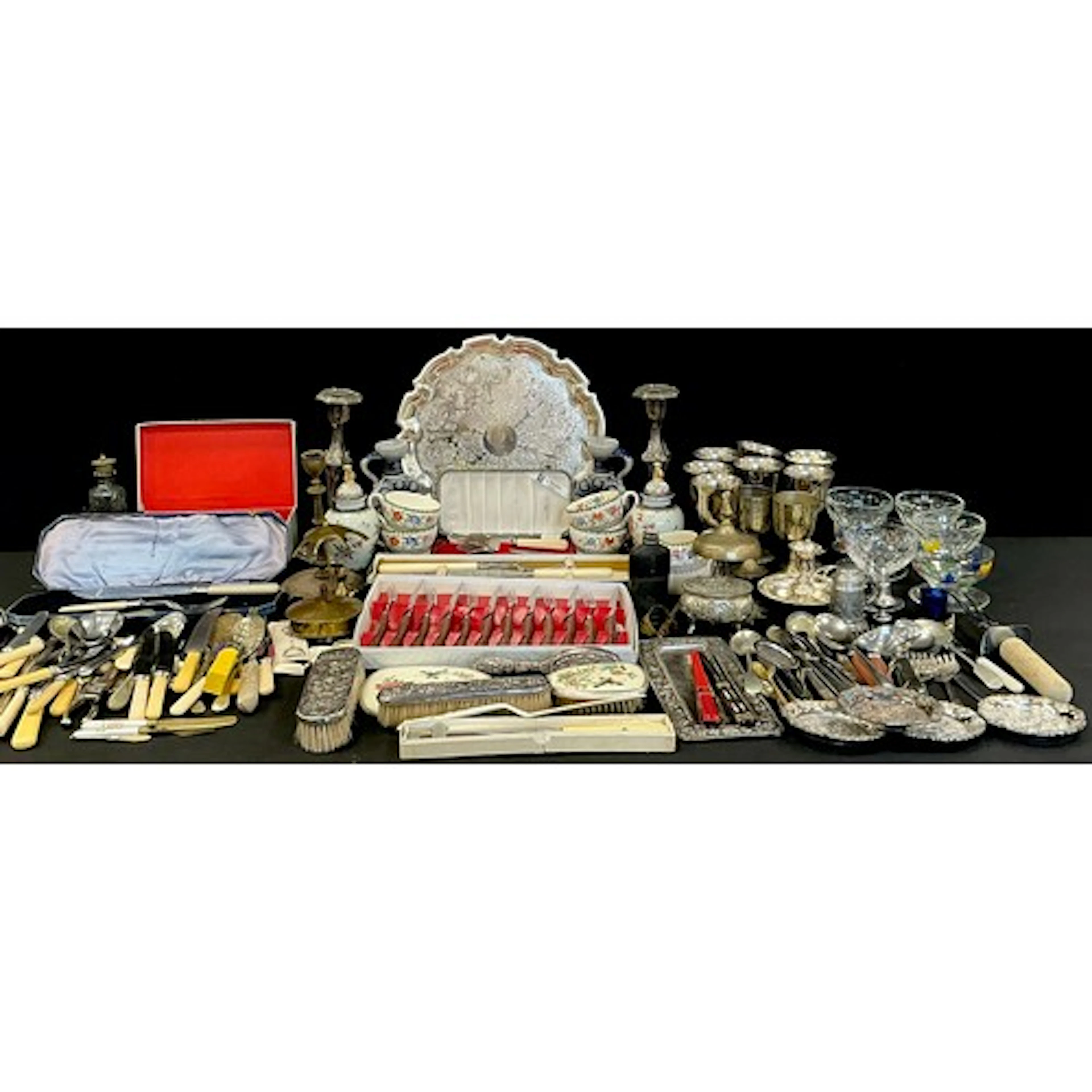 Boxes and objects - a pair of silver plated candlesticks, a ...
