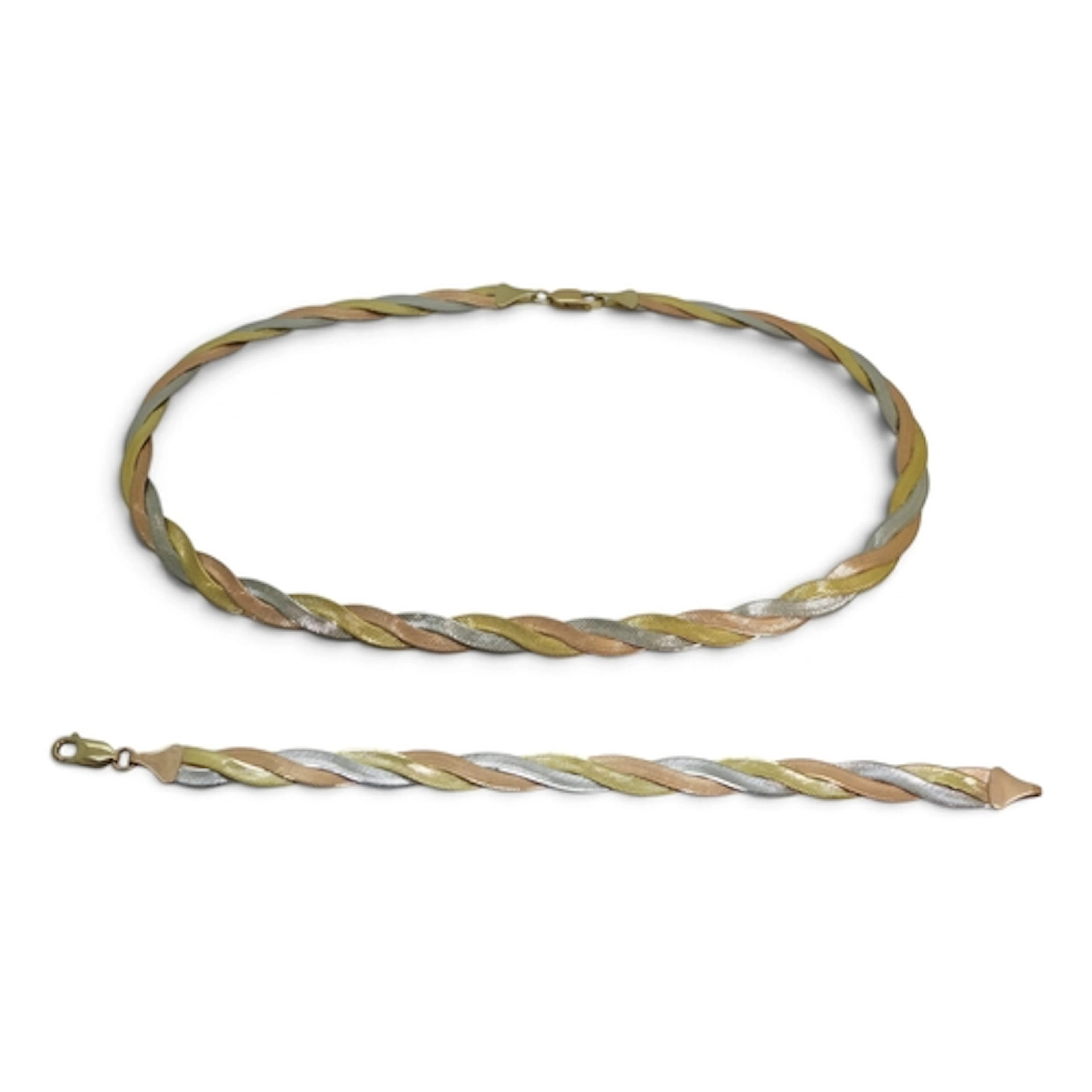 A 9ct gold tricolour gold woven ribbon chain necklace and ma...