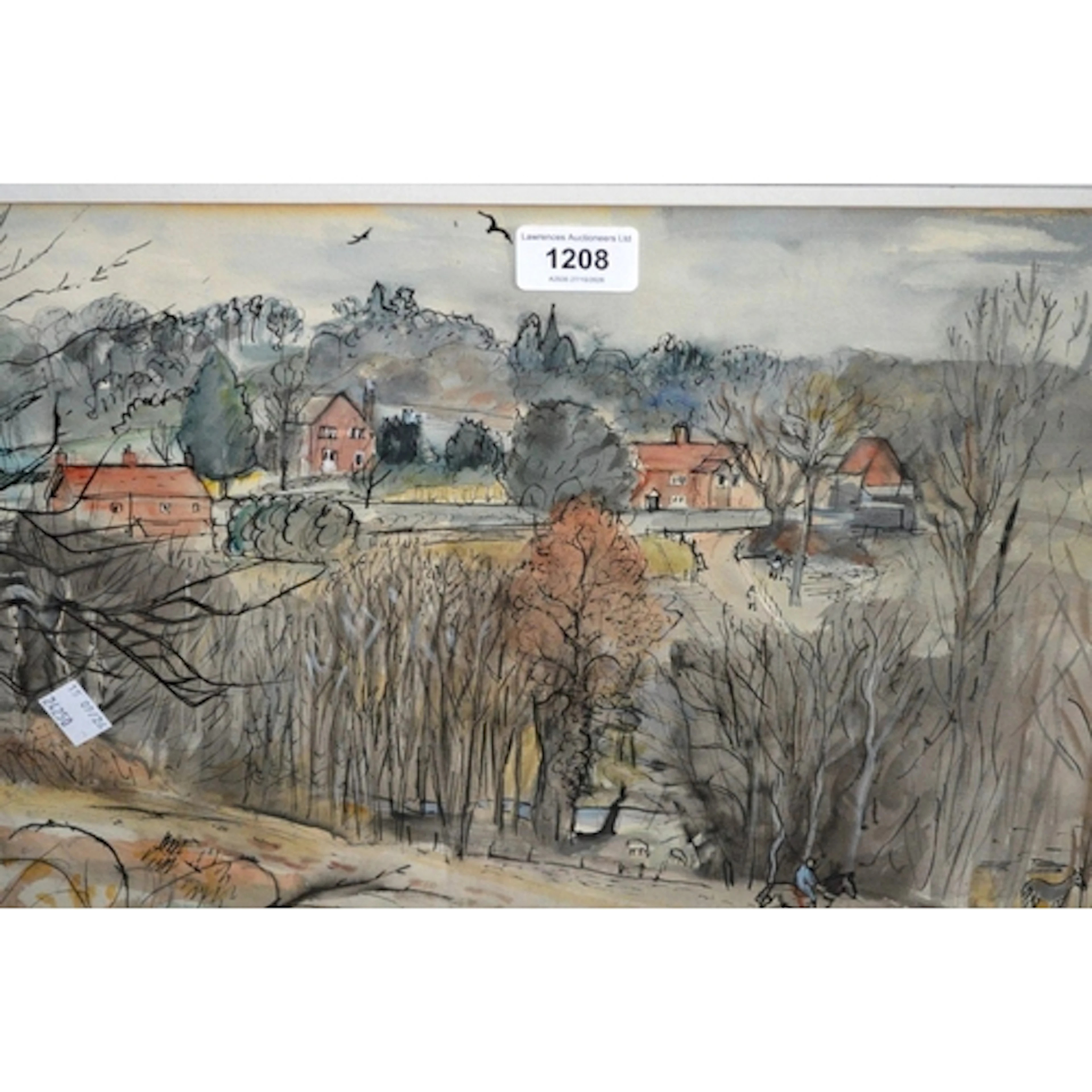 Rupert Shephard, ink and watercolour, landscape with horse a...
