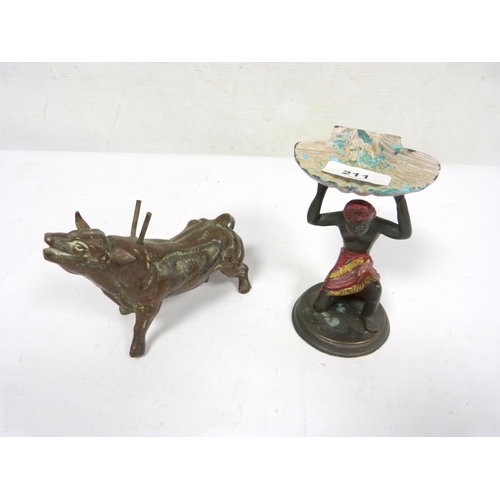 Blackamoor holding clam shell and spelter Spanish bull figur...