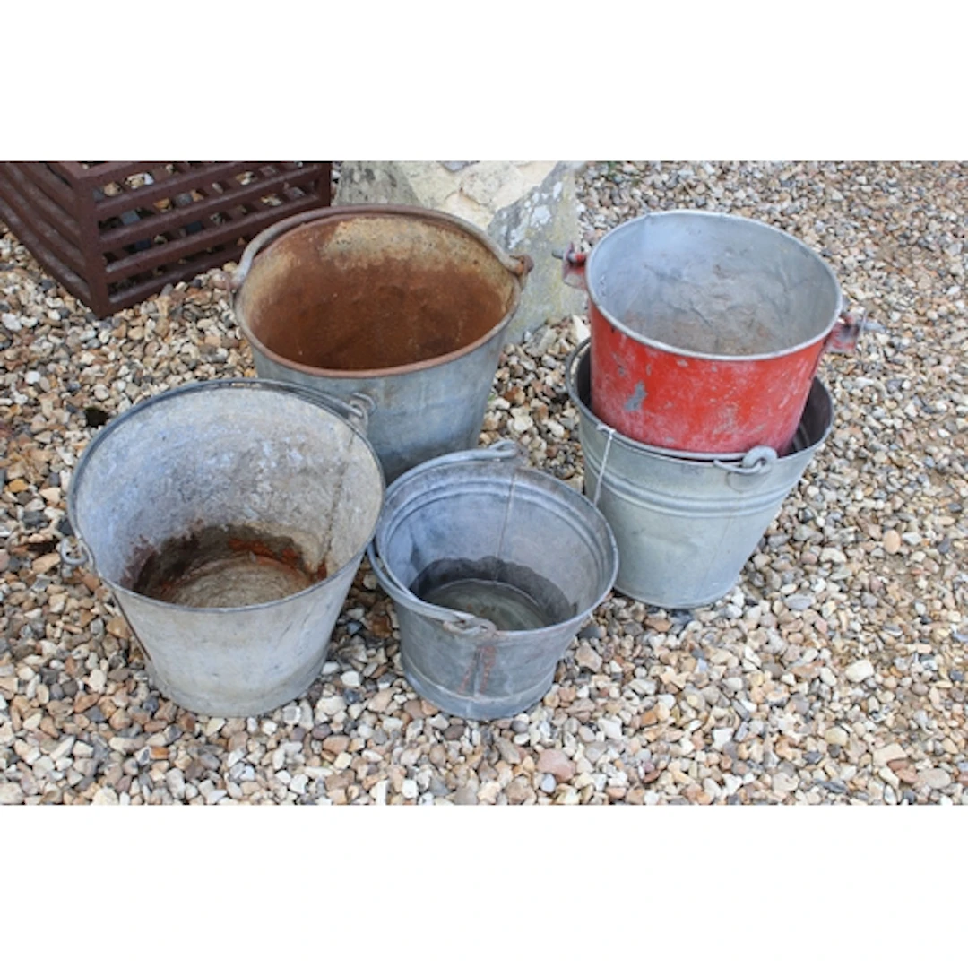 Collection of five galvanised steel buckets, comprising red ...