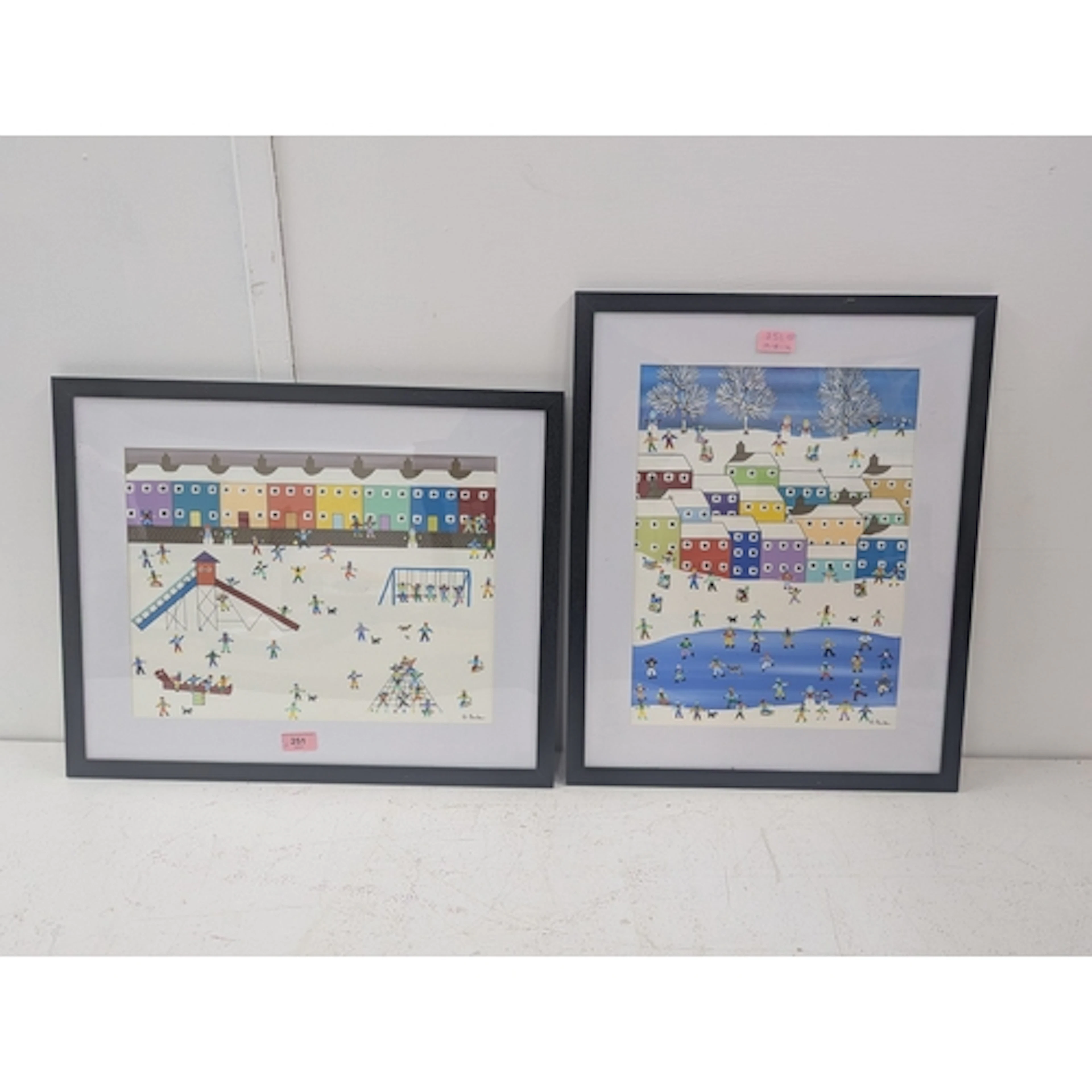 Two Gordon Barker Winter scenes with children playing in a p...